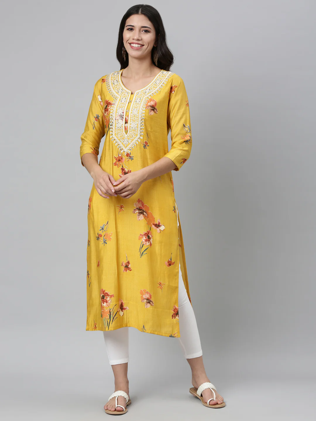 Neerus Mustard Color Silk Fabric Kurta