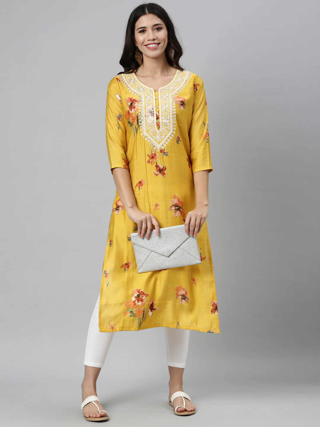 Neerus Mustard Color Silk Fabric Kurta - Image 5
