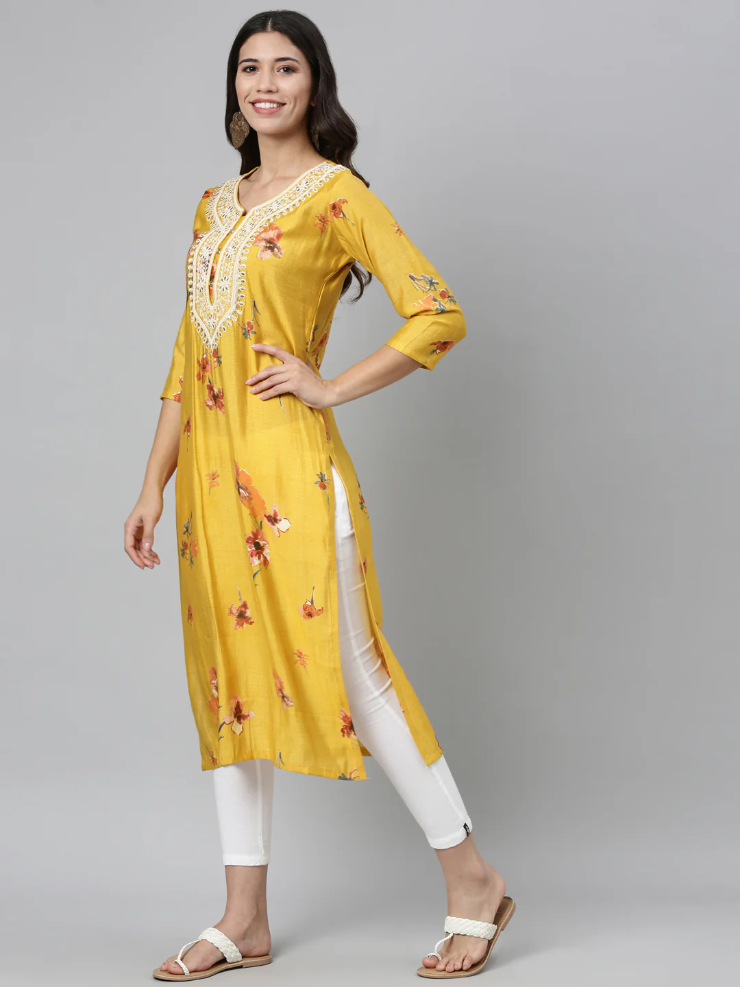 Neerus Mustard Color Silk Fabric Kurta - Image 6