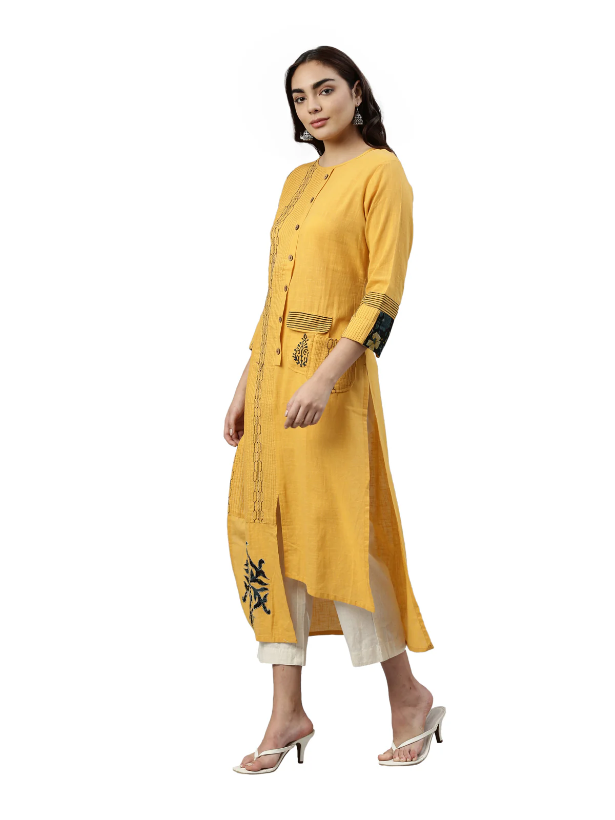 Neerus Mustard Color Slub Cotton Fabric Kurta - Image 3