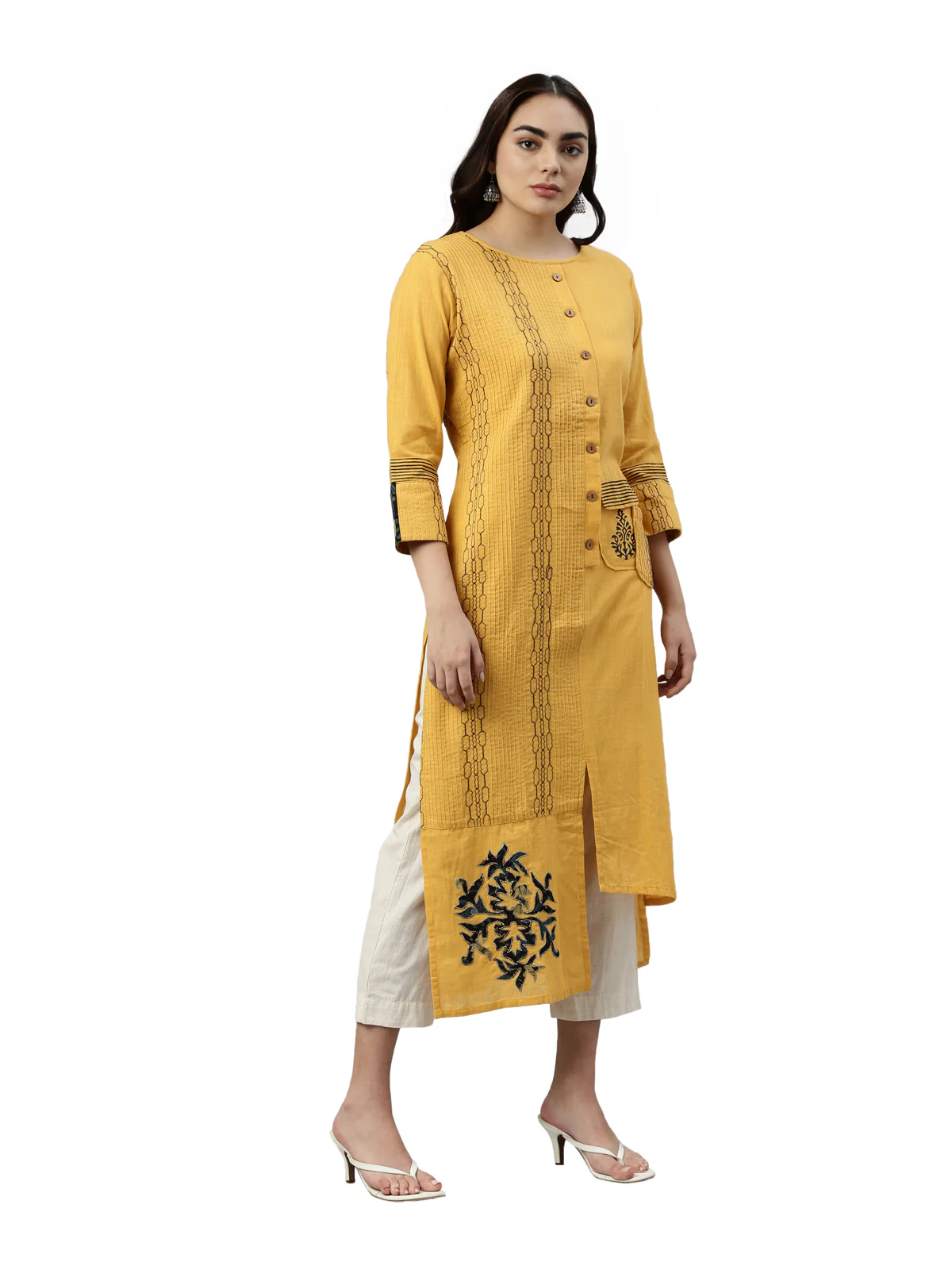 Neerus Mustard Color Slub Cotton Fabric Kurta - Image 4