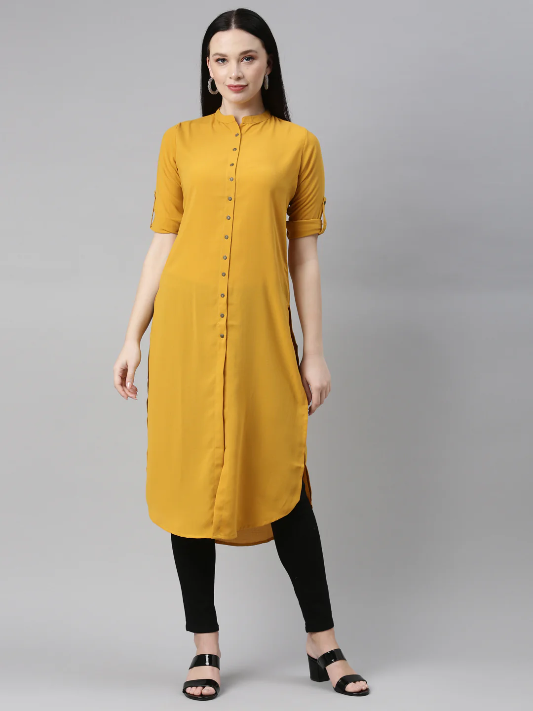 Neerus Mustard Color Slub Rayon Fabric Kurta