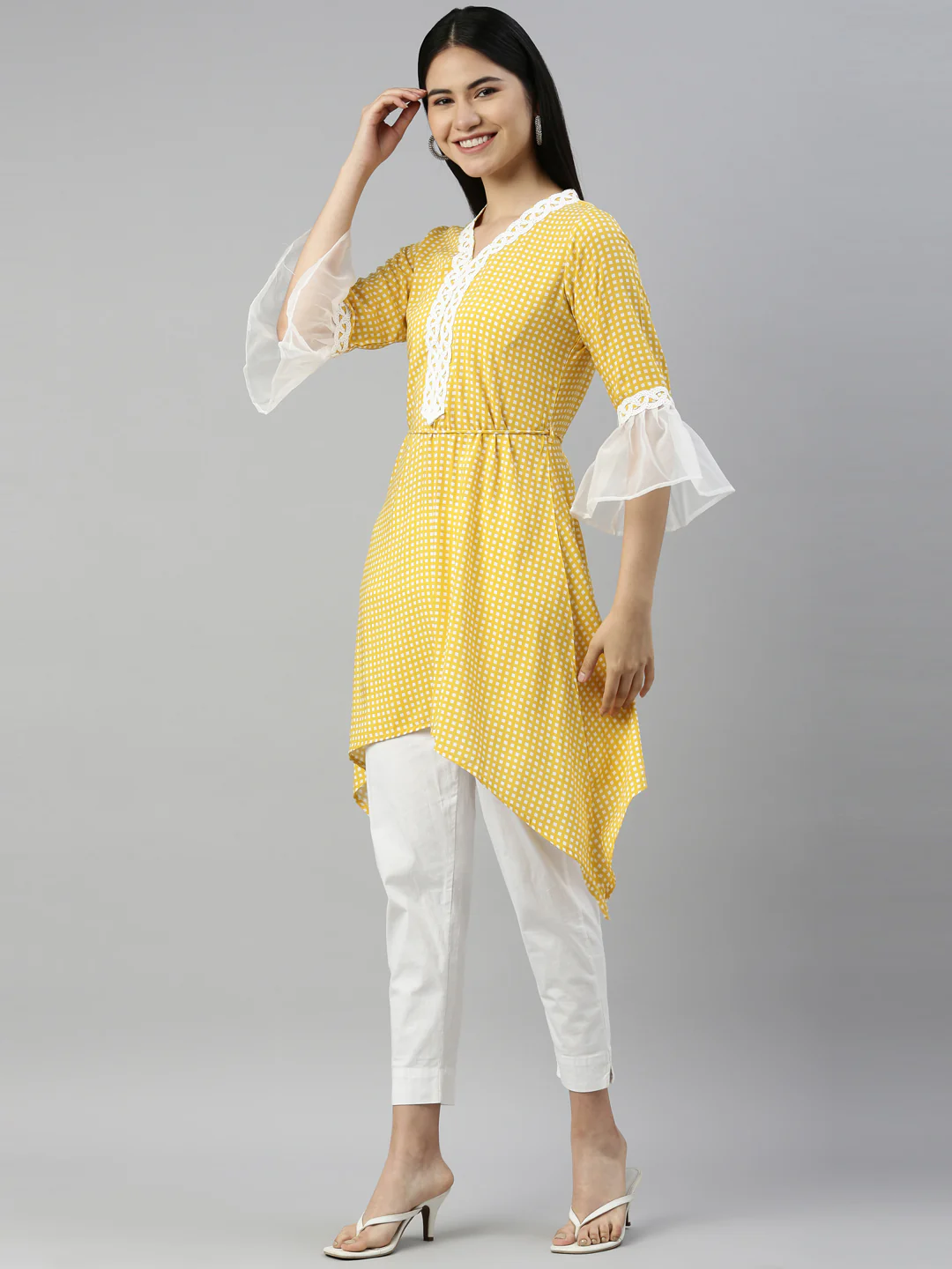 Neerus Mustard Color Slub Rayon Fabric Kurta - Image 3