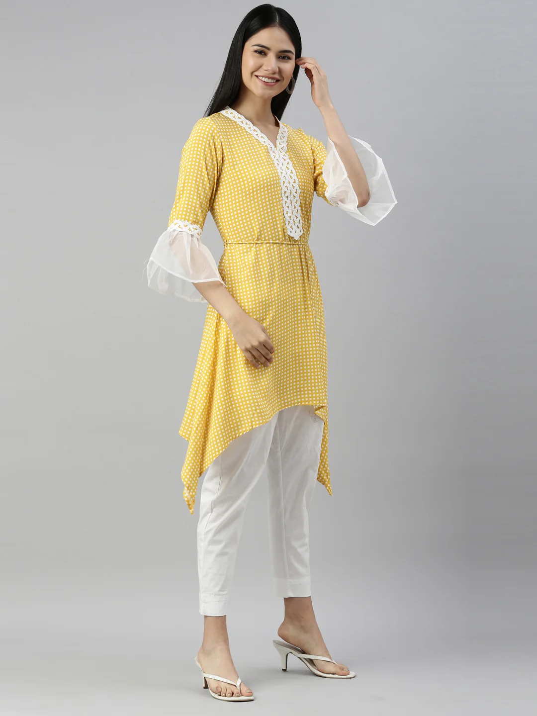 Neerus Mustard Color Slub Rayon Fabric Kurta - Image 4