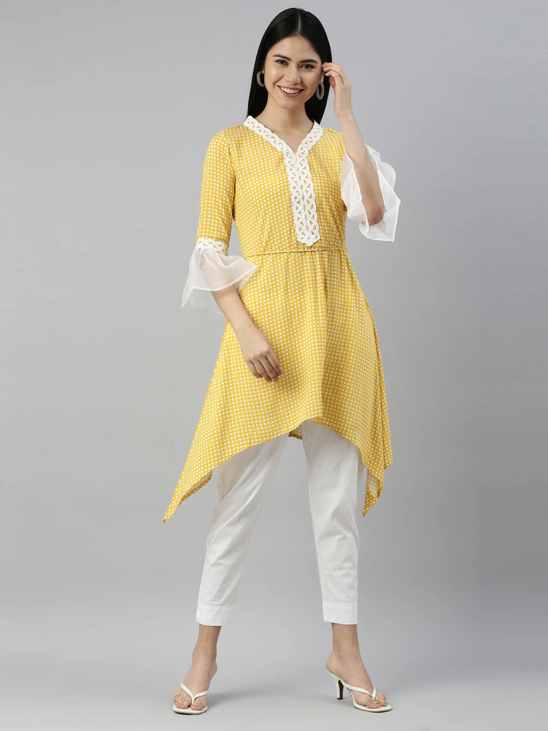 Neerus Mustard Color Slub Rayon Fabric Kurta - Image 6
