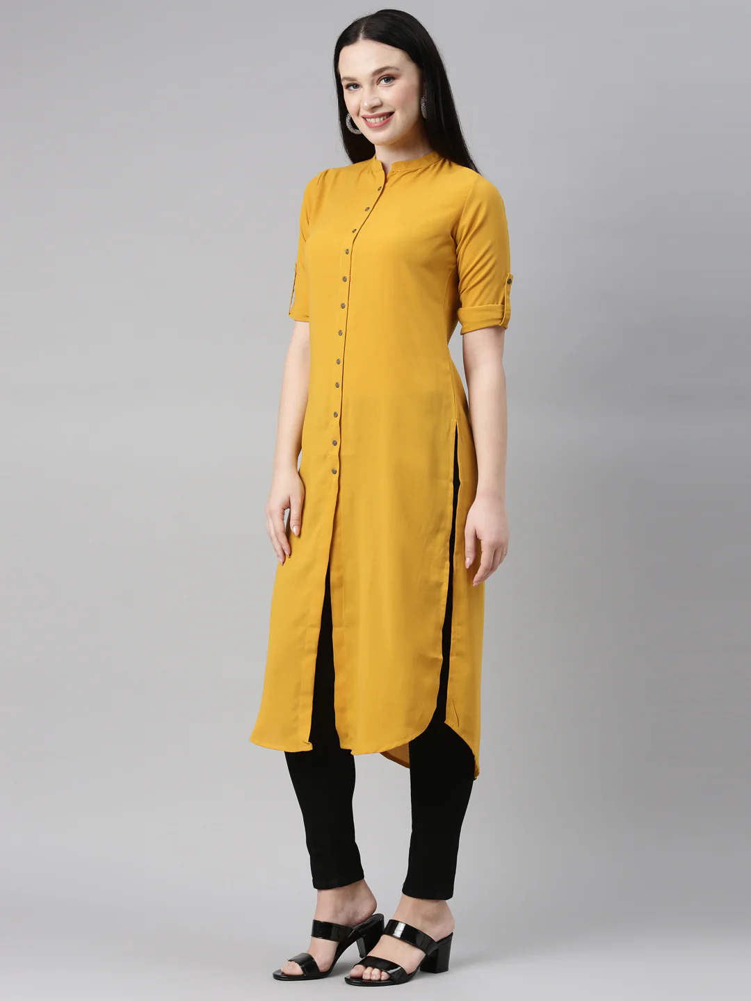 Neerus Mustard Color Slub Rayon Fabric Kurta - Image 3