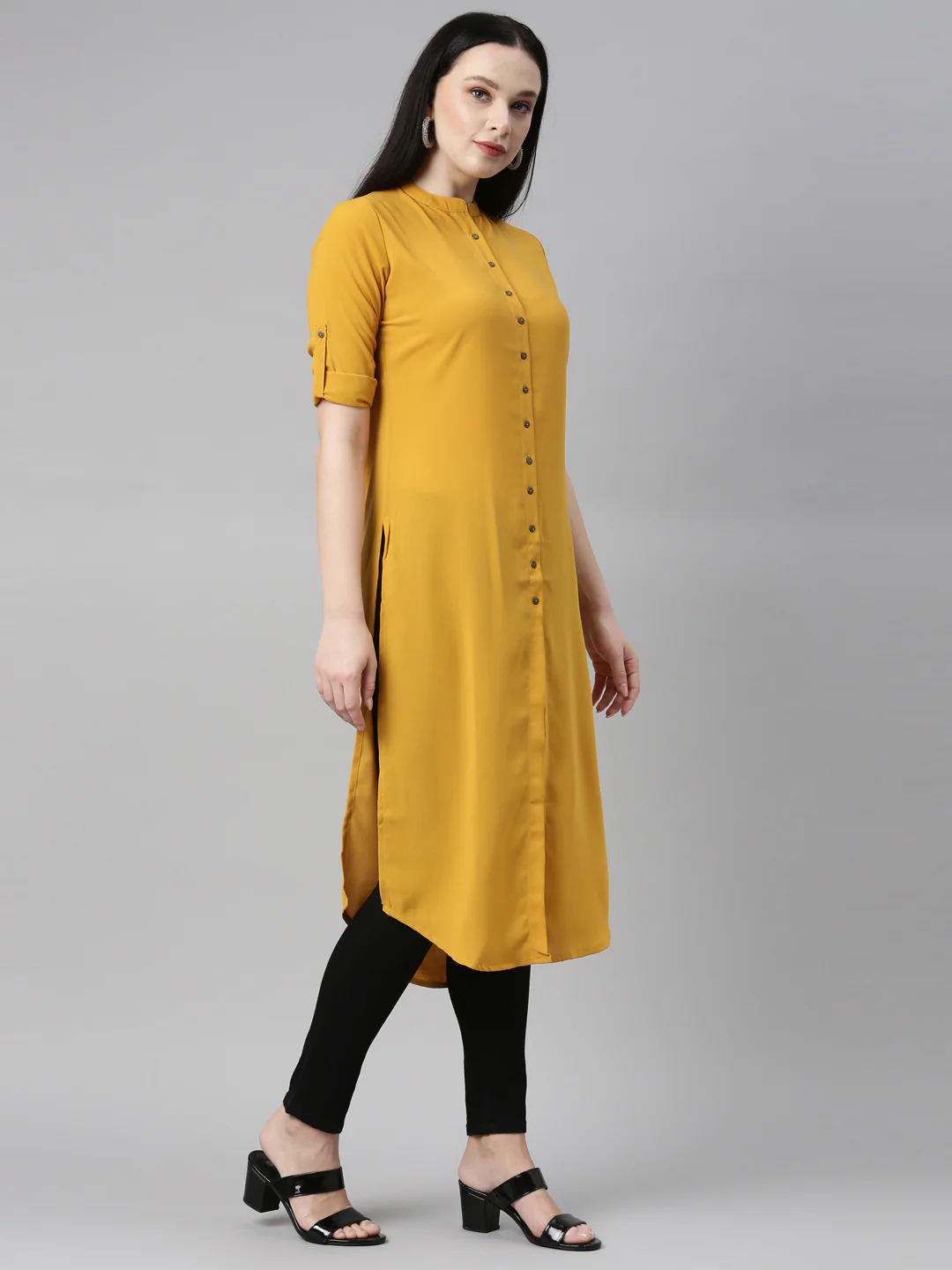 Neerus Mustard Color Slub Rayon Fabric Kurta - Image 4