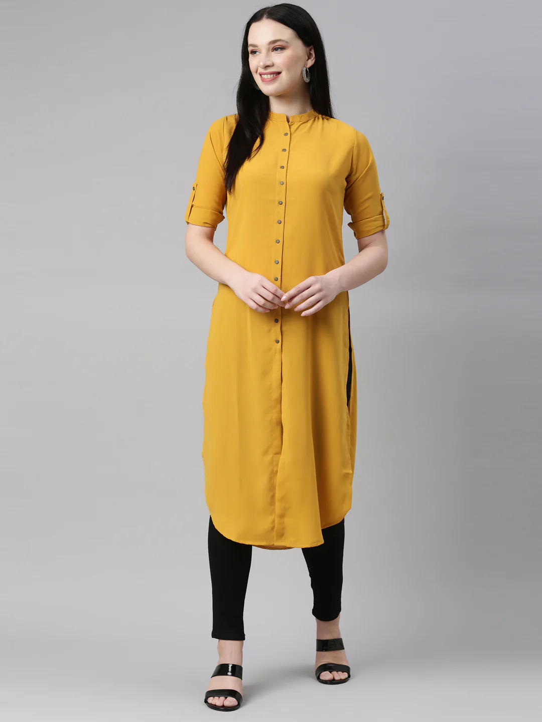 Neerus Mustard Color Slub Rayon Fabric Kurta - Image 6