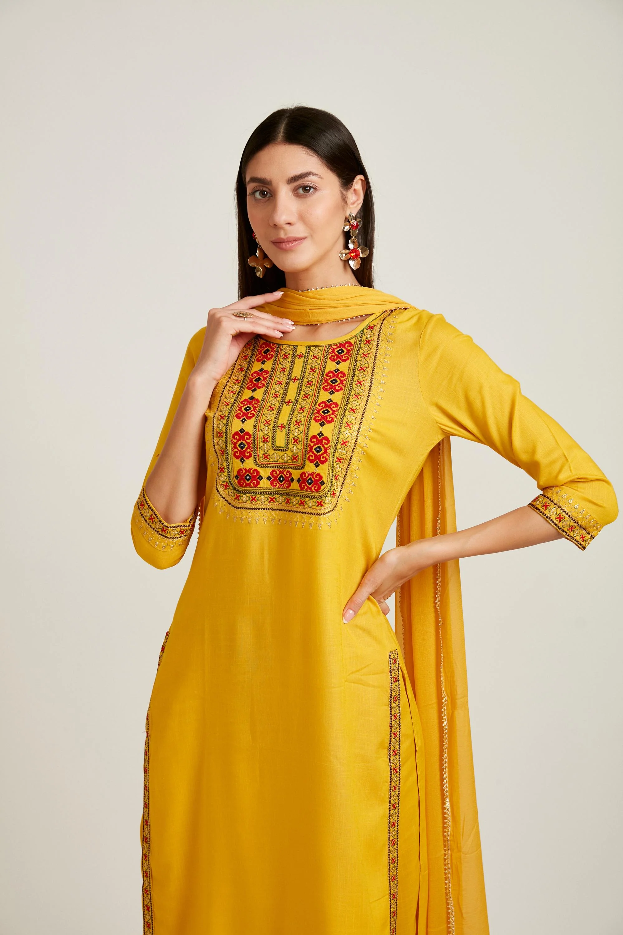 Neerus Mustard Color Slub Rayon Fabric Salwar Kameez - Image 4