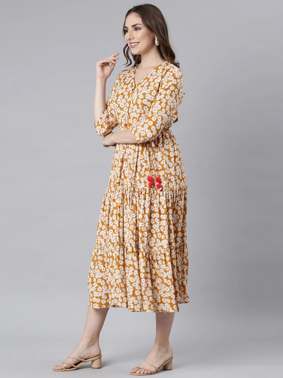 Neerus Mustard Curved Casual Floral Maxi Dresses - Image 3