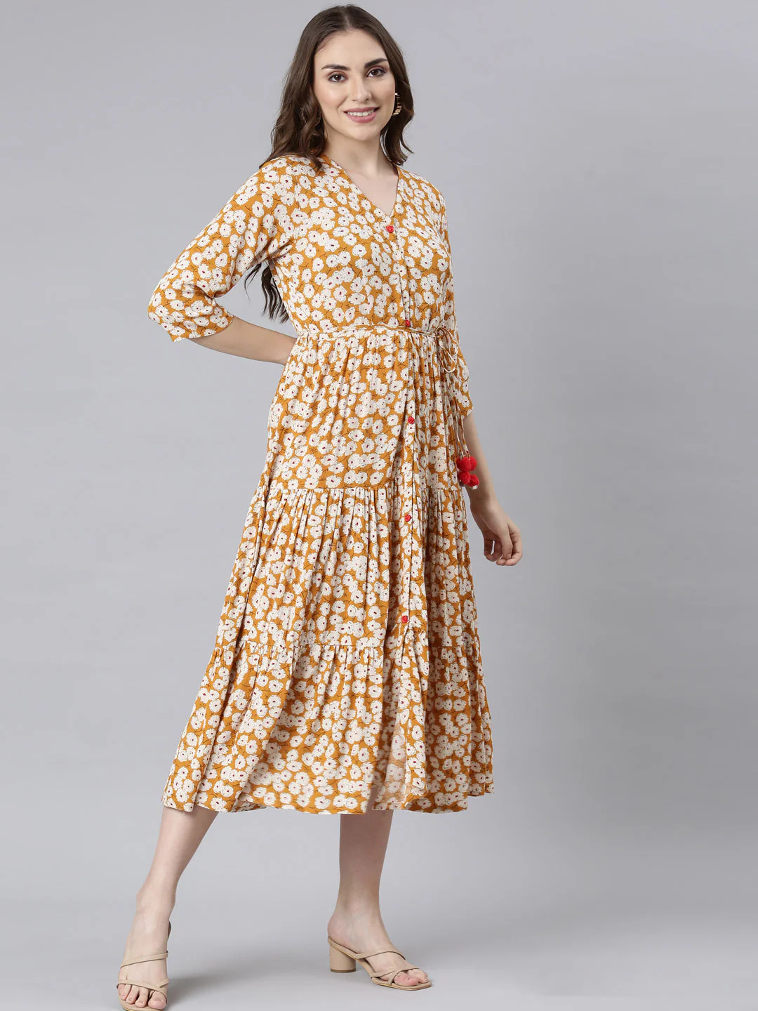 Neerus Mustard Curved Casual Floral Maxi Dresses - Image 4