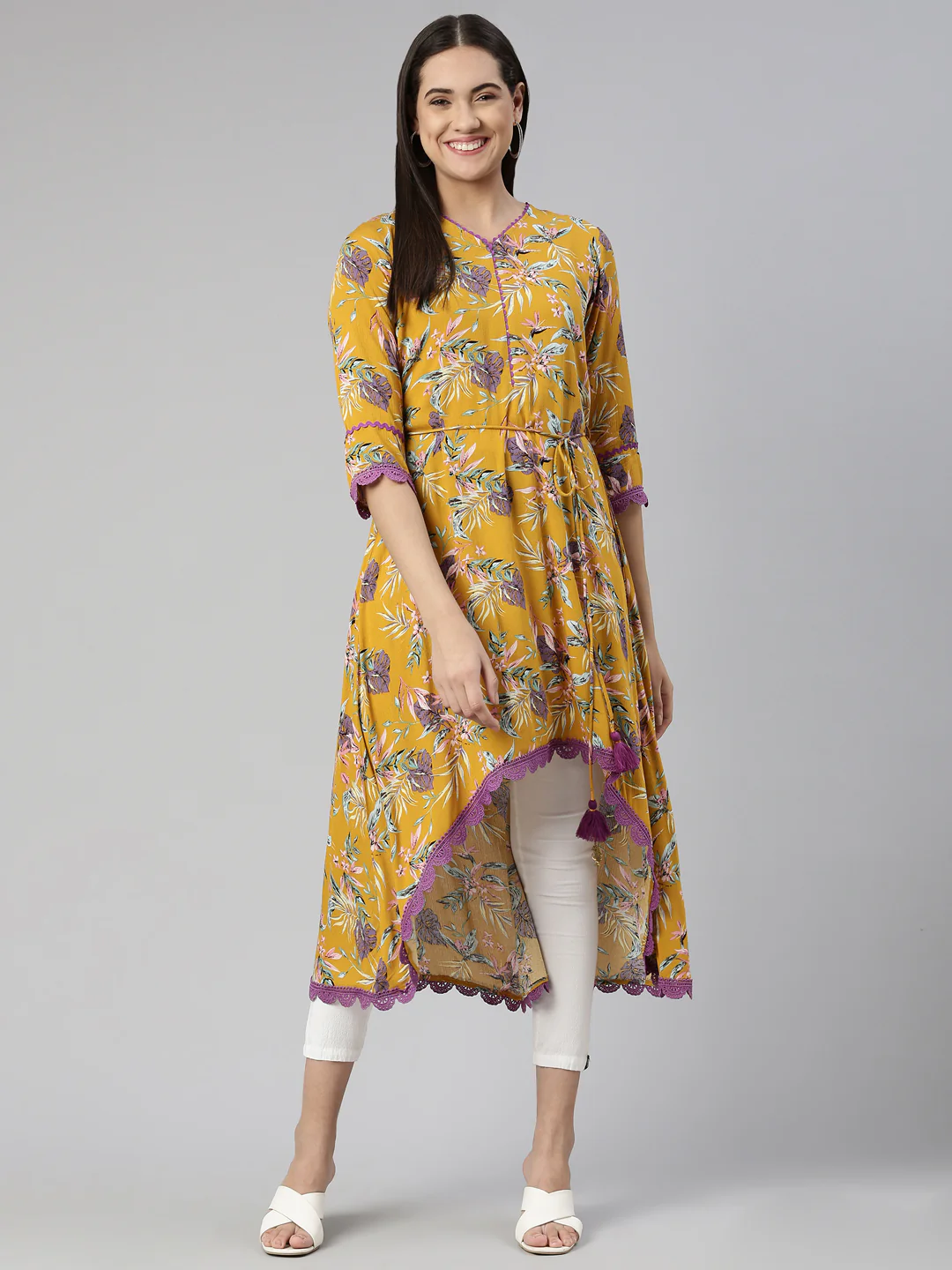 Neerus Mustard Curved Cotton Kurta