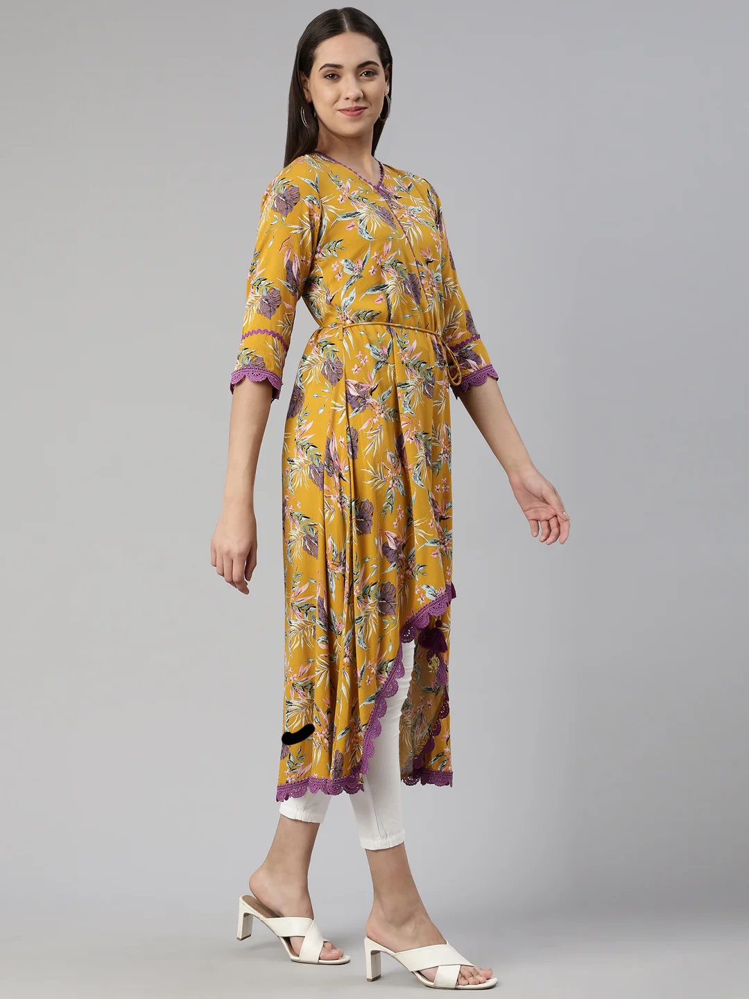 Neerus Mustard Curved Cotton Kurta - Image 2