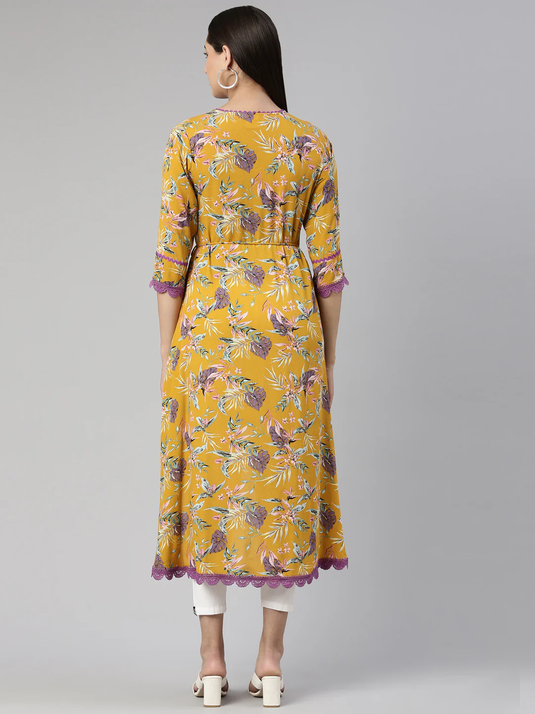 Neerus Mustard Curved Cotton Kurta - Image 3