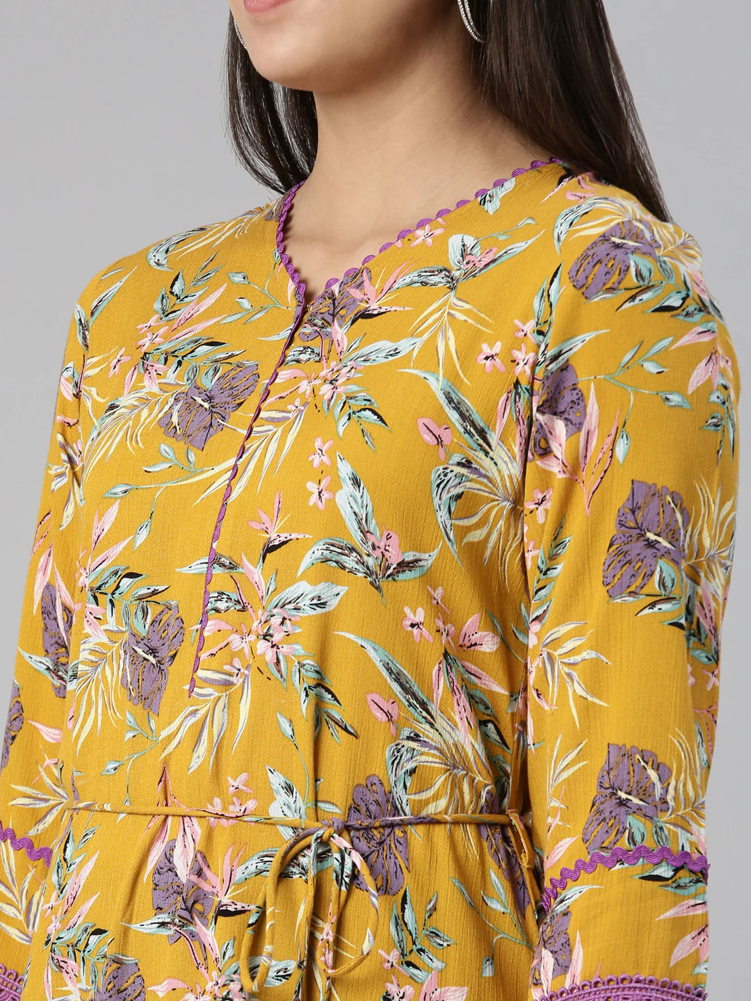 Neerus Mustard Curved Cotton Kurta - Image 4