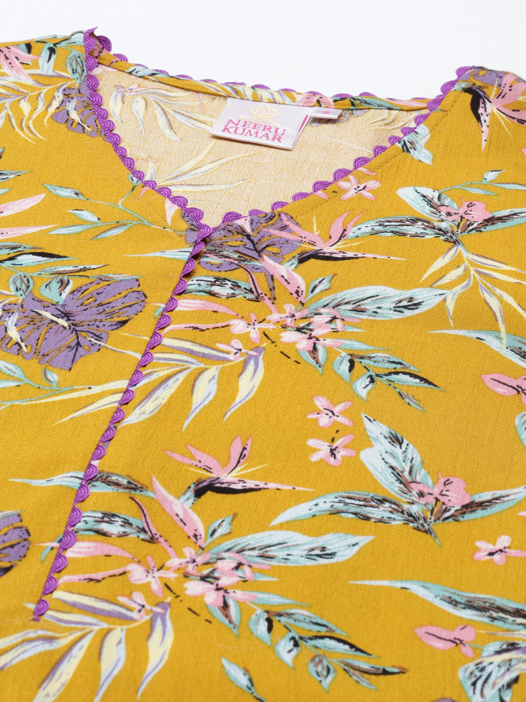 Neerus Mustard Curved Cotton Kurta - Image 6
