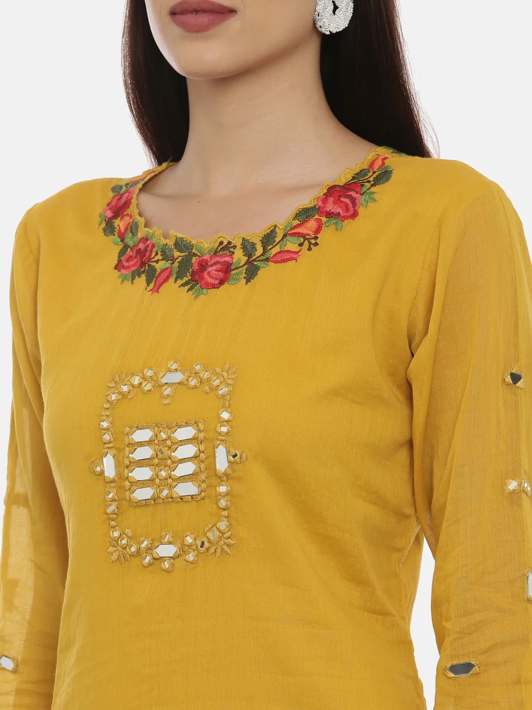 Neerus Mustard Embroidered A Line Double Layered Kurta - Image 4