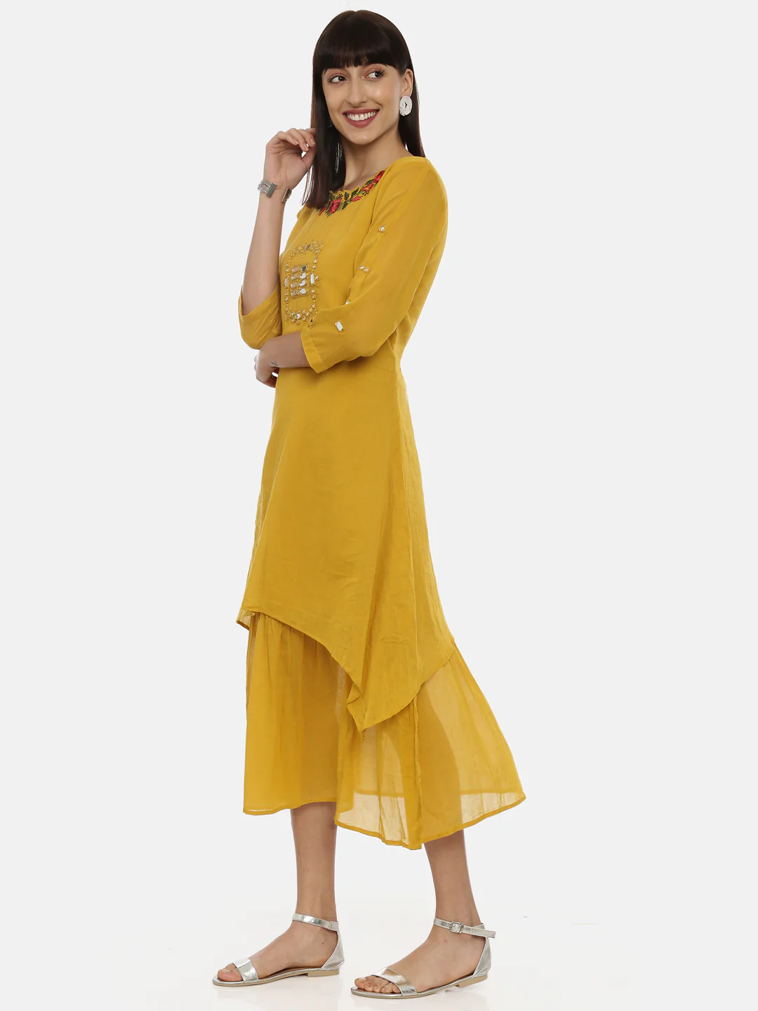 Neerus Mustard Embroidered A Line Double Layered Kurta - Image 5