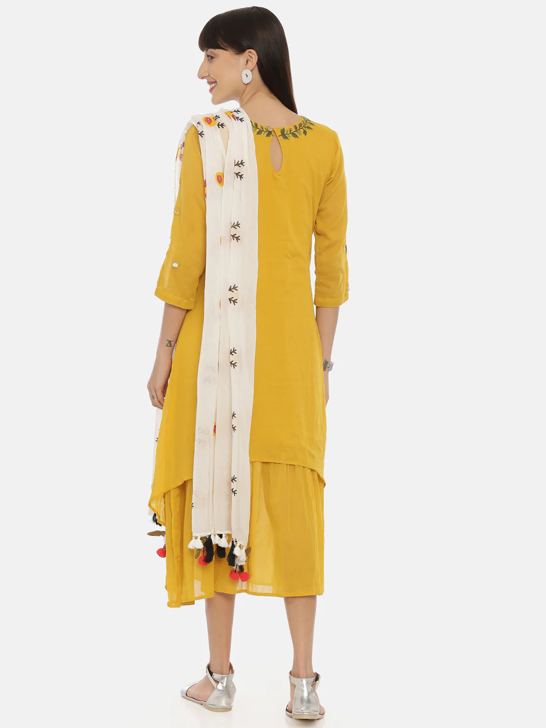 Neerus Mustard Embroidered A Line Double Layered Kurta - Image 7