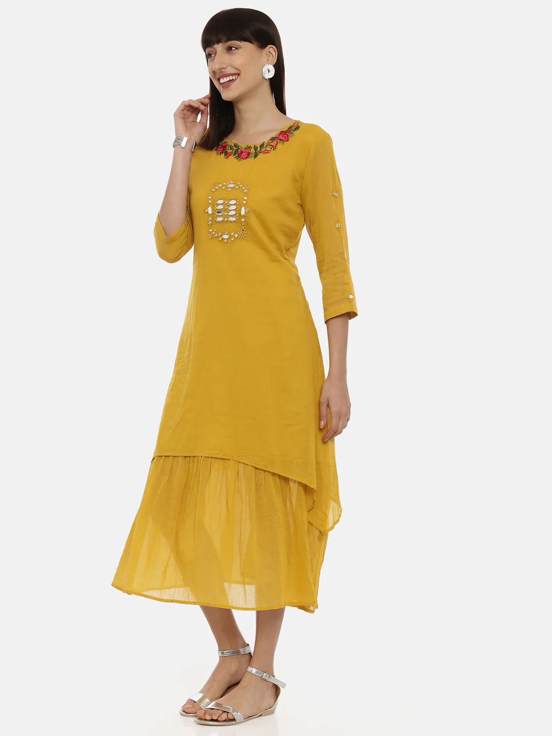 Neerus Mustard Embroidered A Line Double Layered Kurta - Image 8