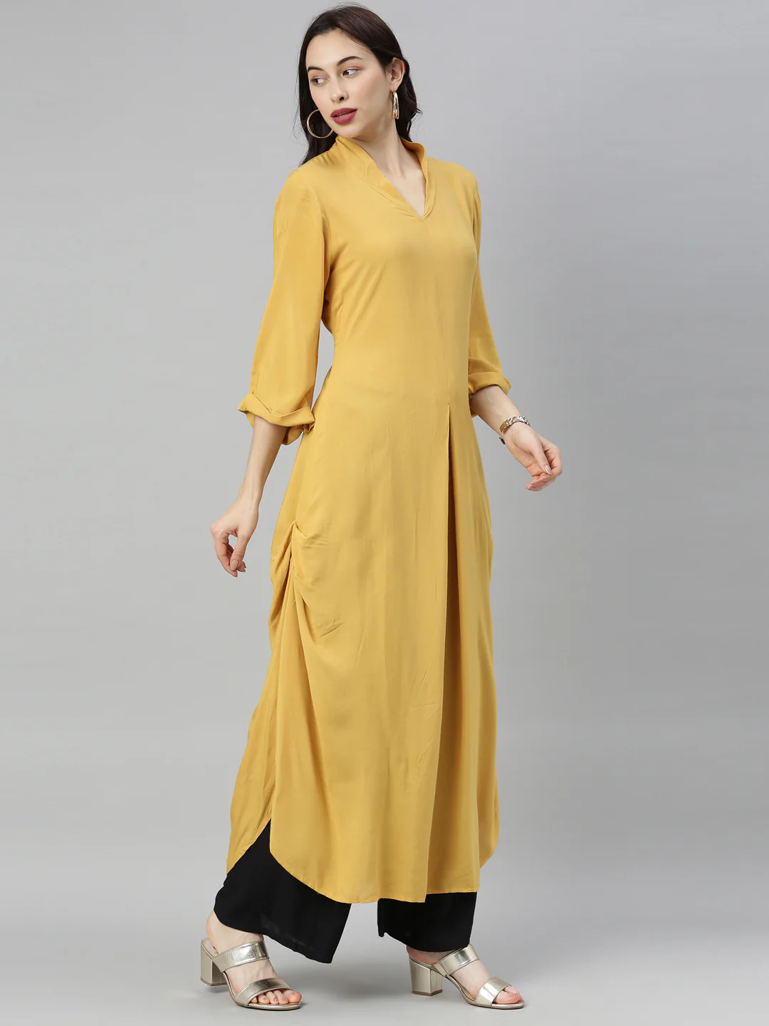 Neerus Mustard Embroidered High Low Kurta - Image 7