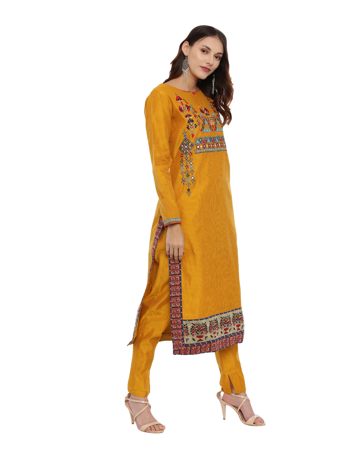 Neerus Mustard Embroidered Kurta With Pant & Dupatta - Image 3