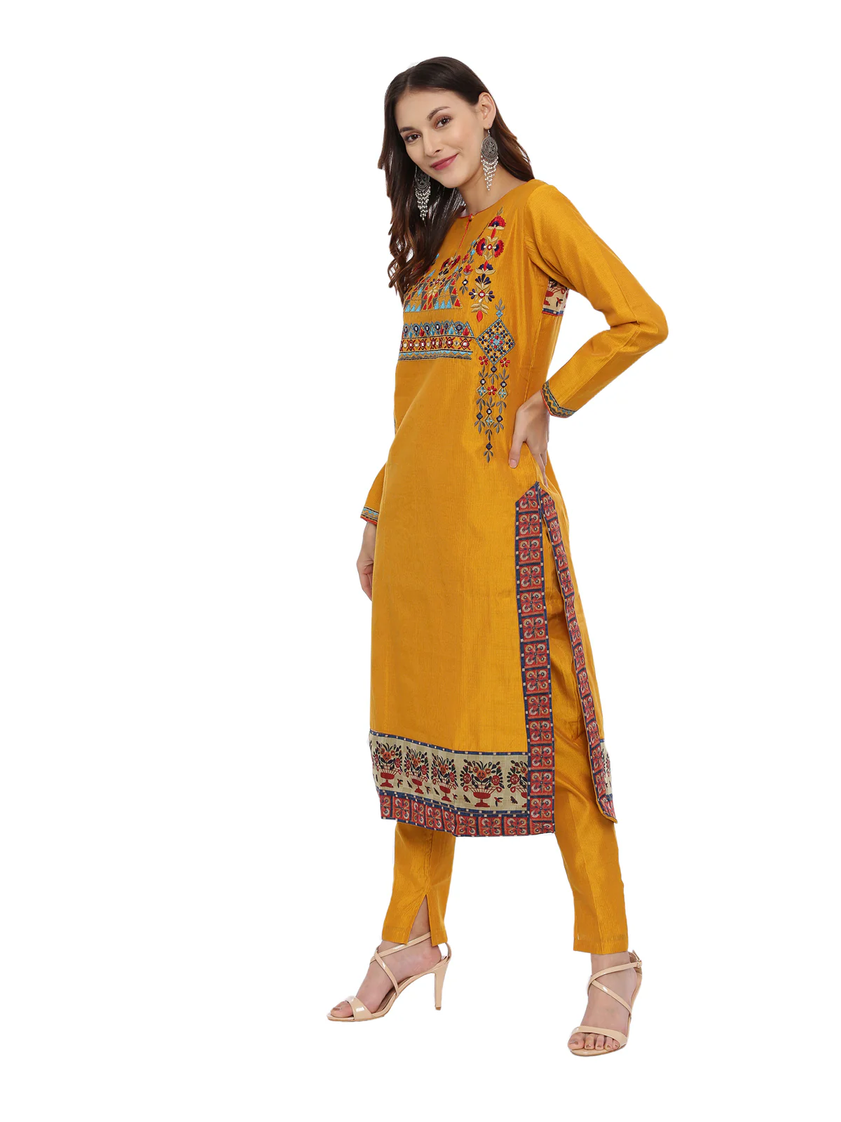 Neerus Mustard Embroidered Kurta With Pant & Dupatta - Image 5