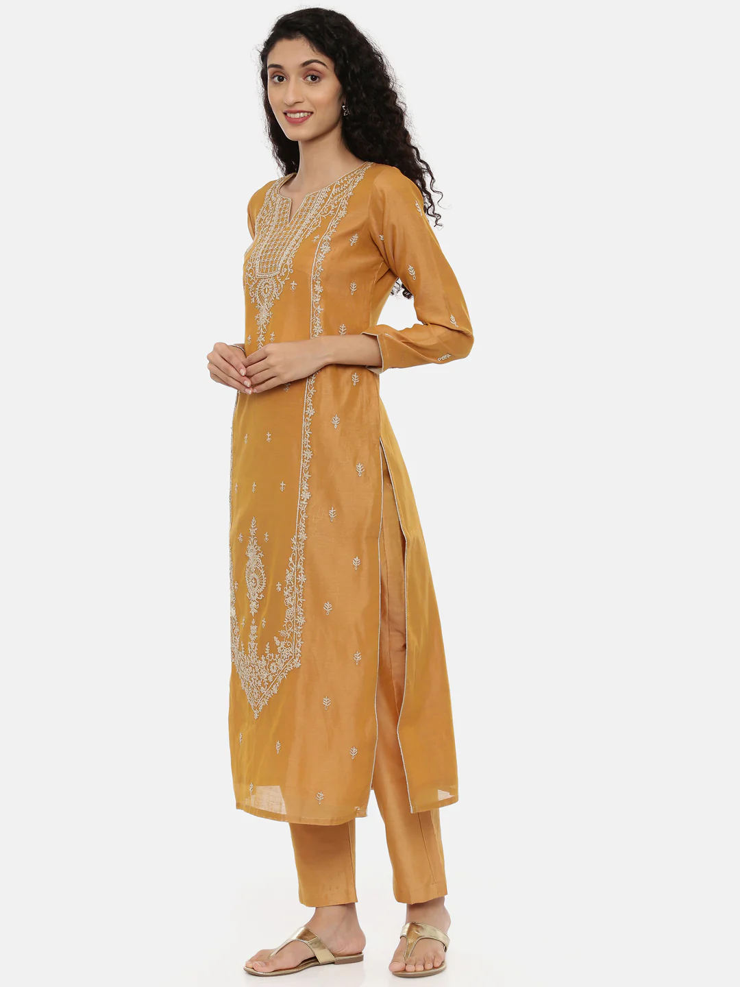 Neerus Mustard Embroidered Kurta With Pant & Dupatta - Image 3