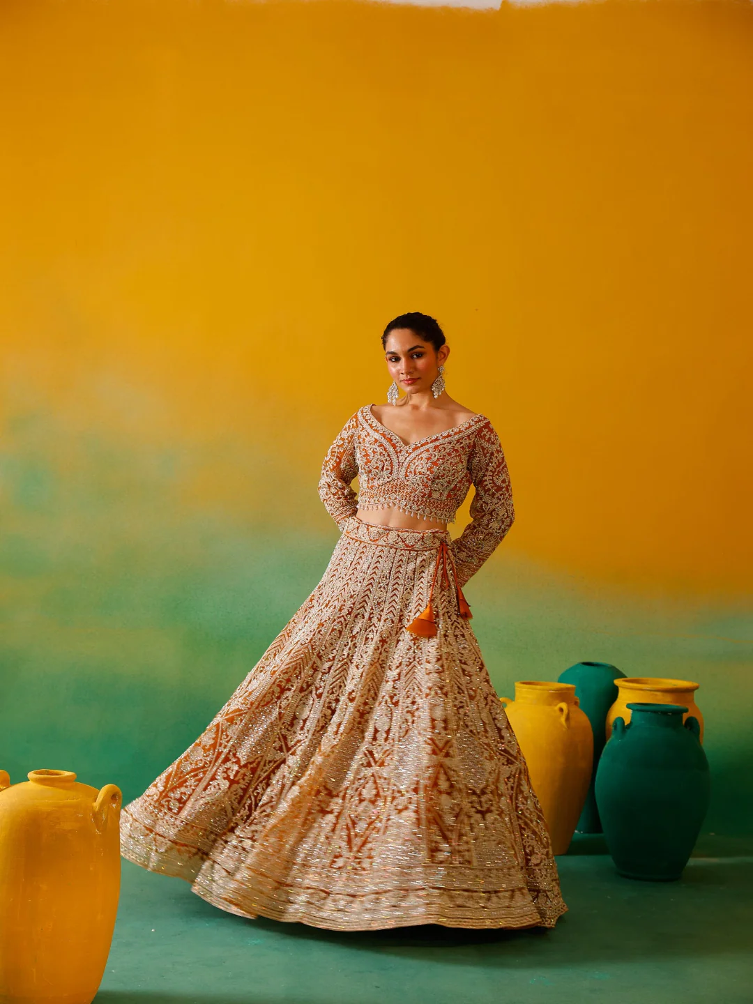 Neerus Mustard Embroidery work Nett Fabric Ghagra Set
