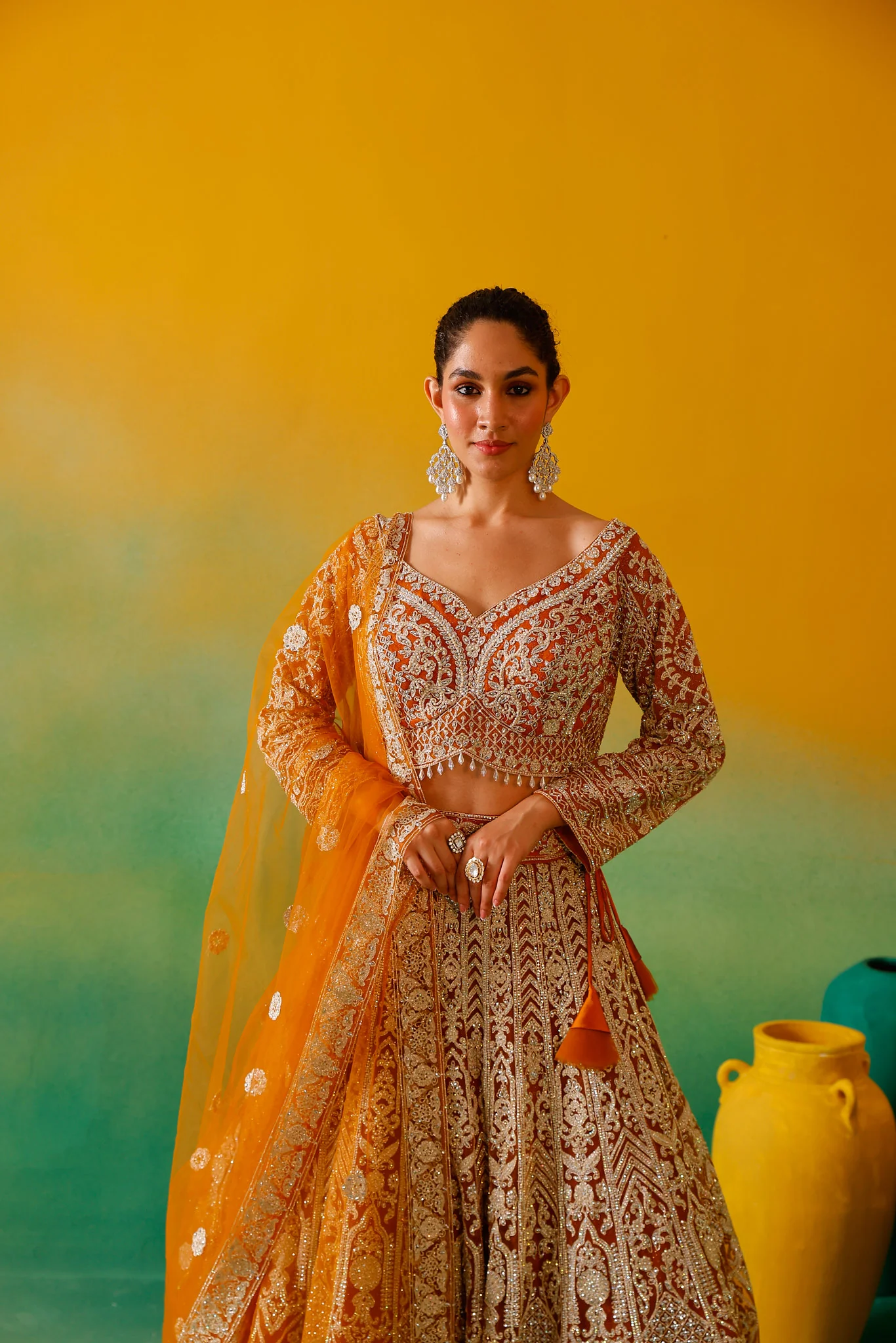 Neerus Mustard Embroidery work Nett Fabric Ghagra Set - Image 11