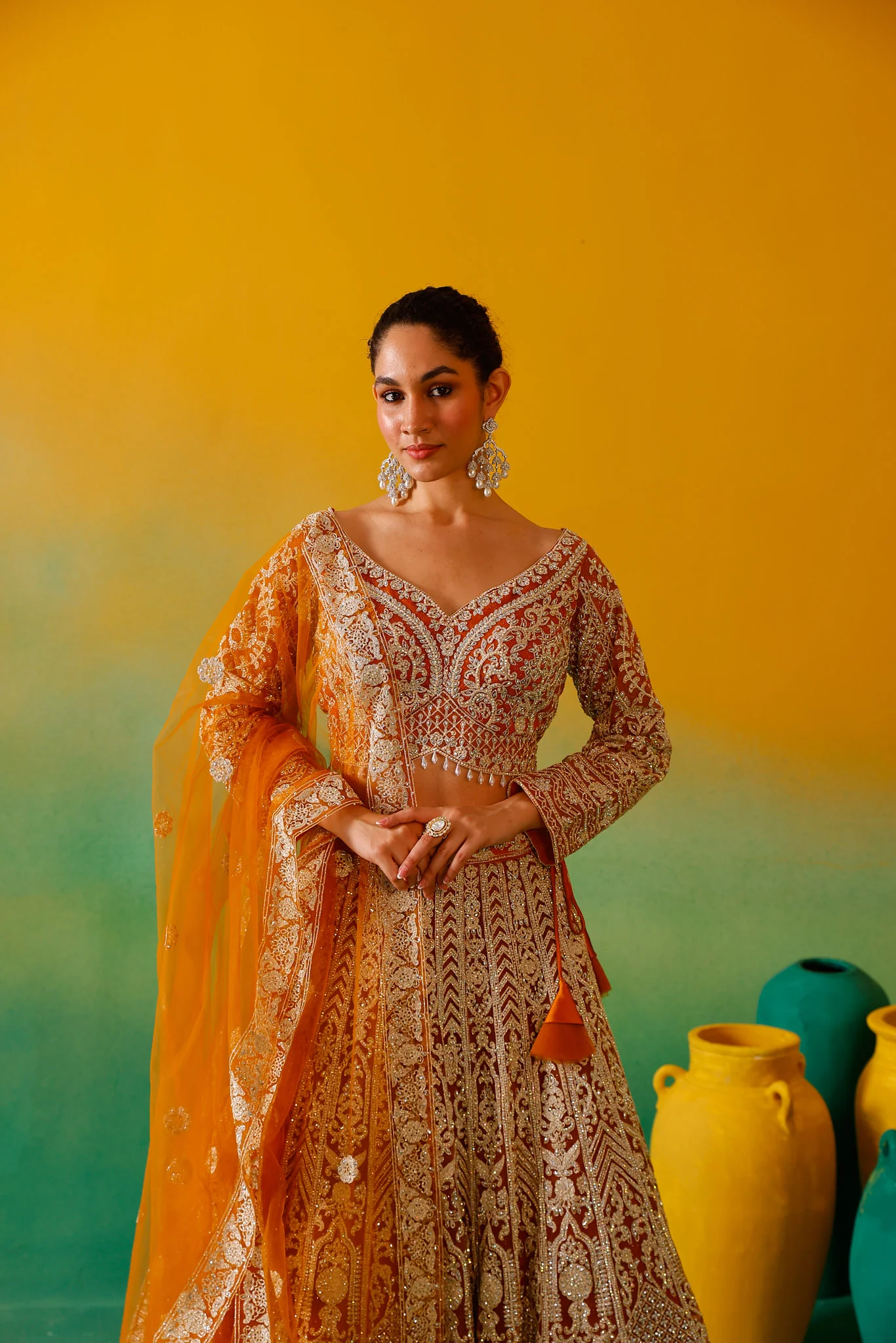 Neerus Mustard Embroidery work Nett Fabric Ghagra Set - Image 14