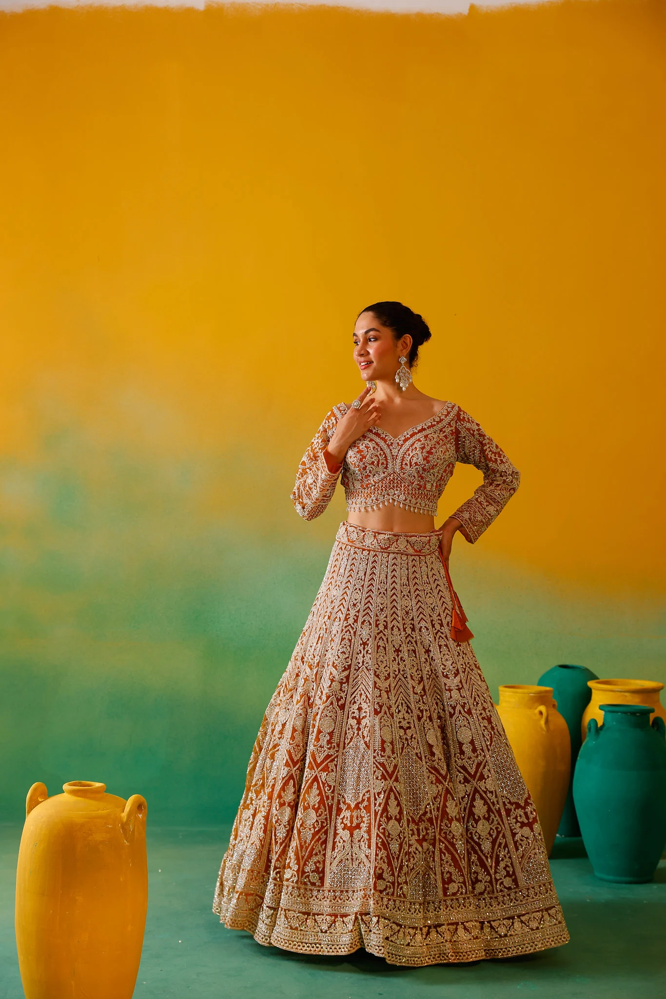Neerus Mustard Embroidery work Nett Fabric Ghagra Set - Image 16