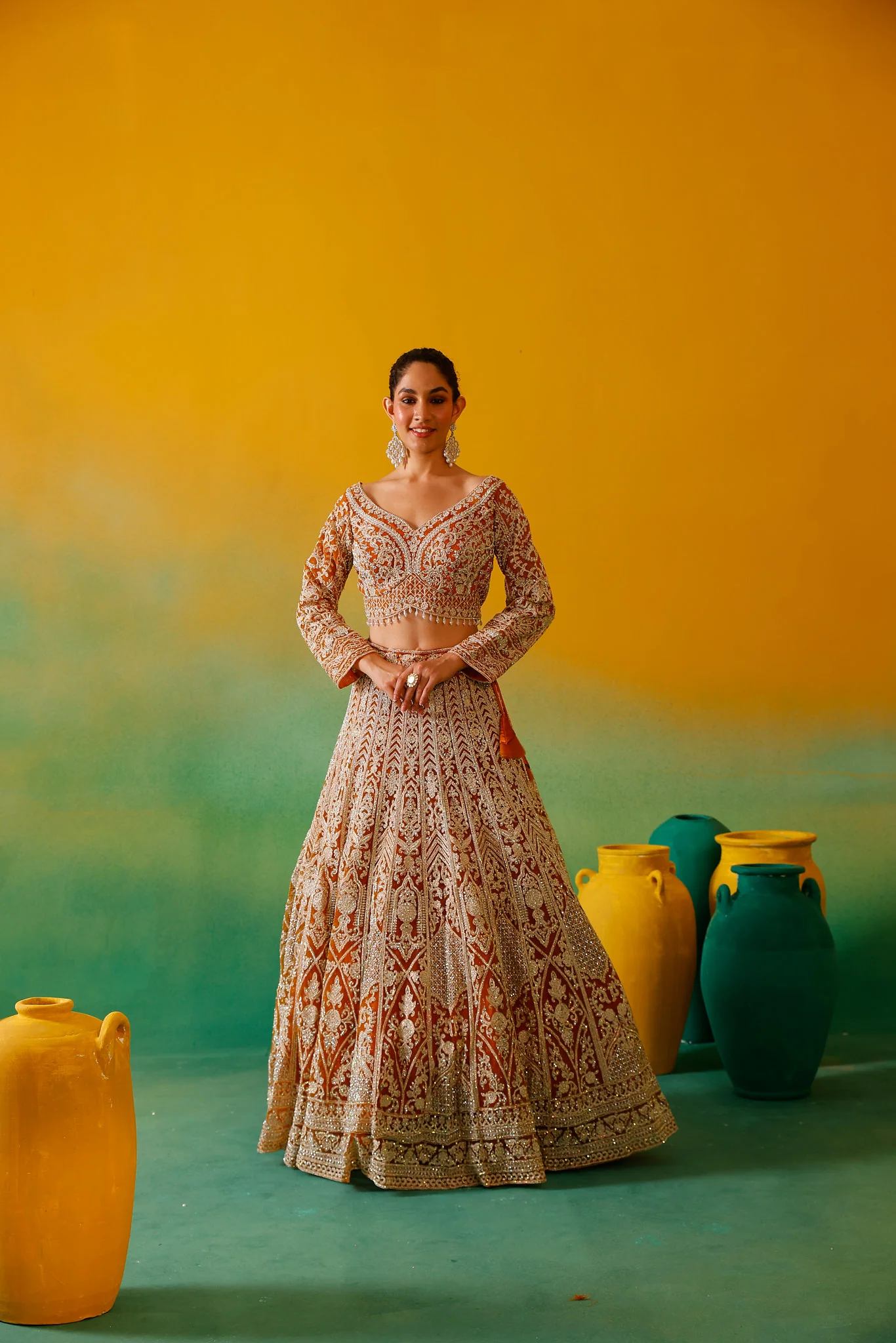 Neerus Mustard Embroidery work Nett Fabric Ghagra Set - Image 17