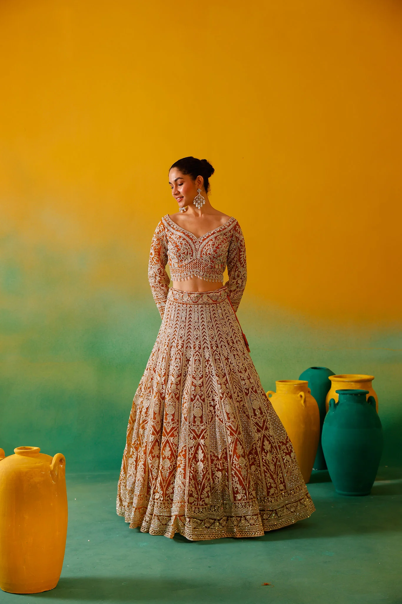 Neerus Mustard Embroidery work Nett Fabric Ghagra Set - Image 18