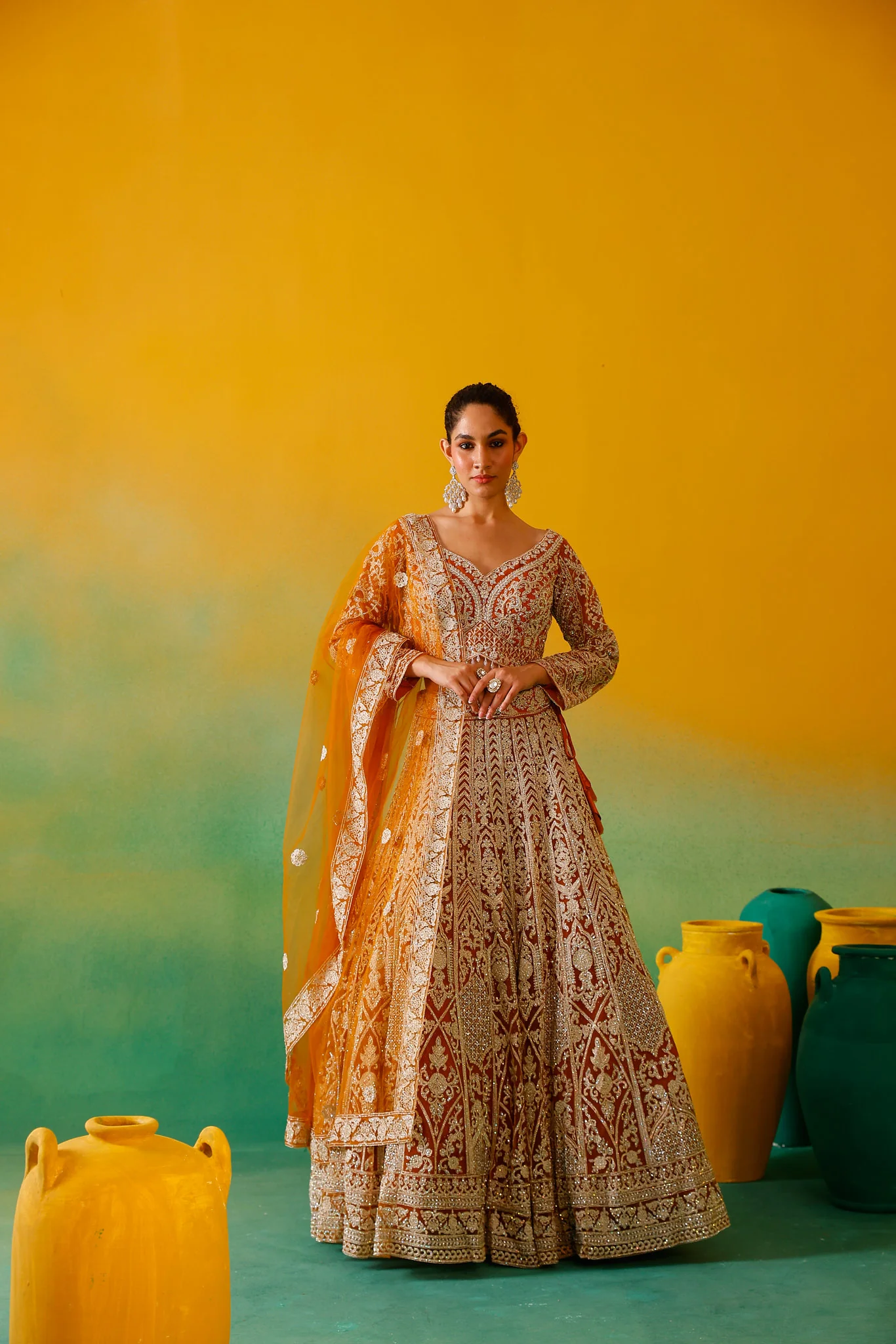 Neerus Mustard Embroidery work Nett Fabric Ghagra Set - Image 2