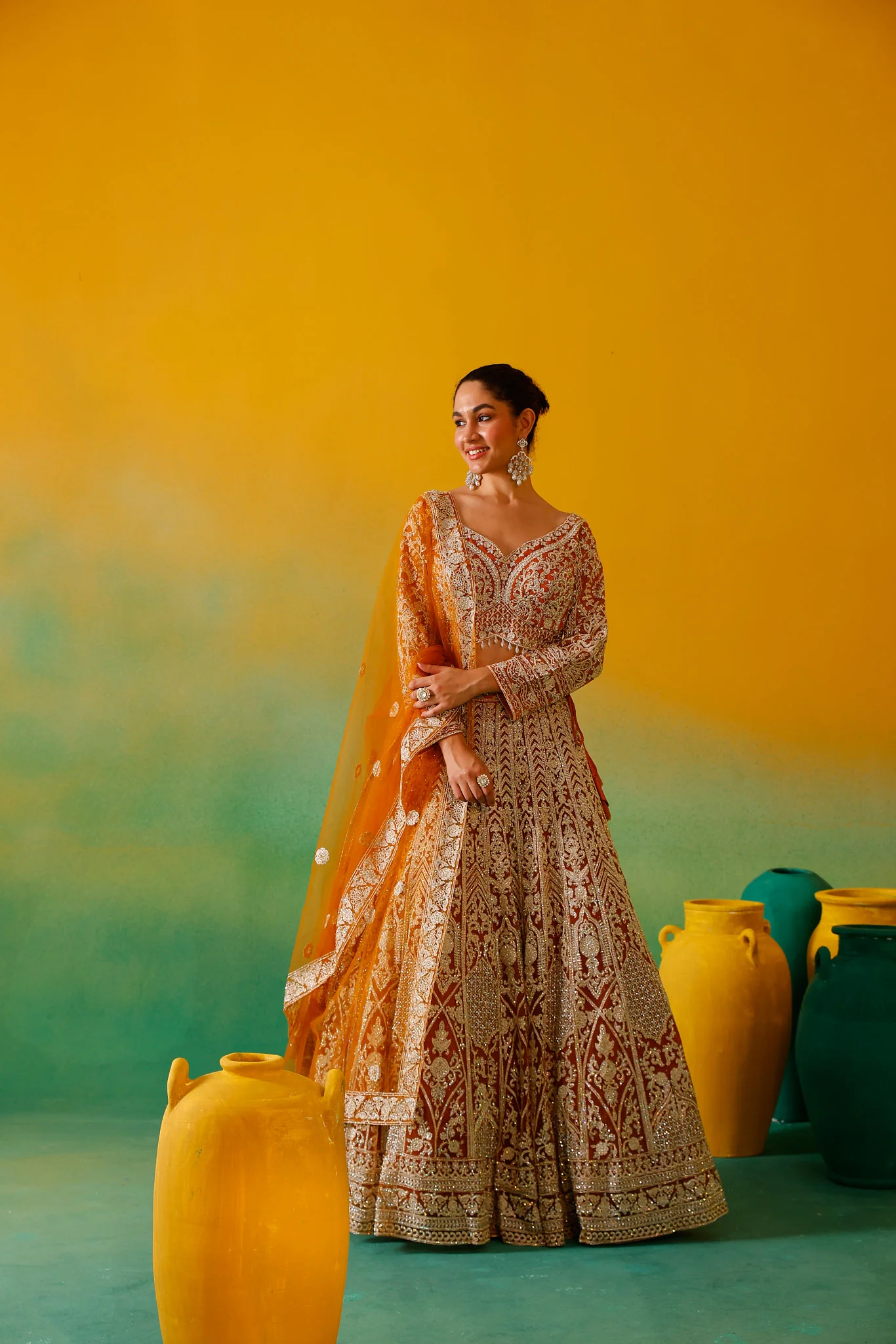 Neerus Mustard Embroidery work Nett Fabric Ghagra Set - Image 3