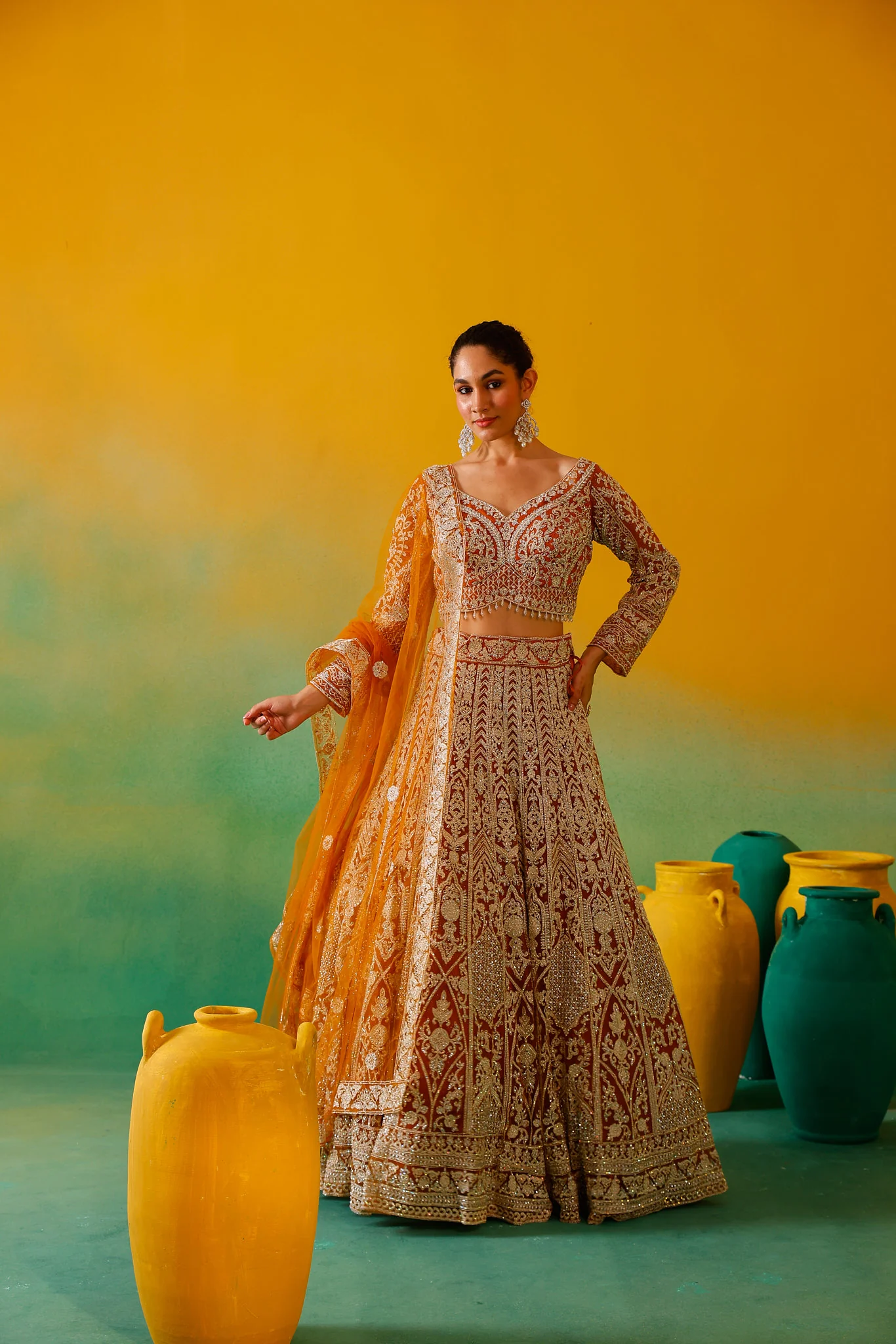 Neerus Mustard Embroidery work Nett Fabric Ghagra Set - Image 4