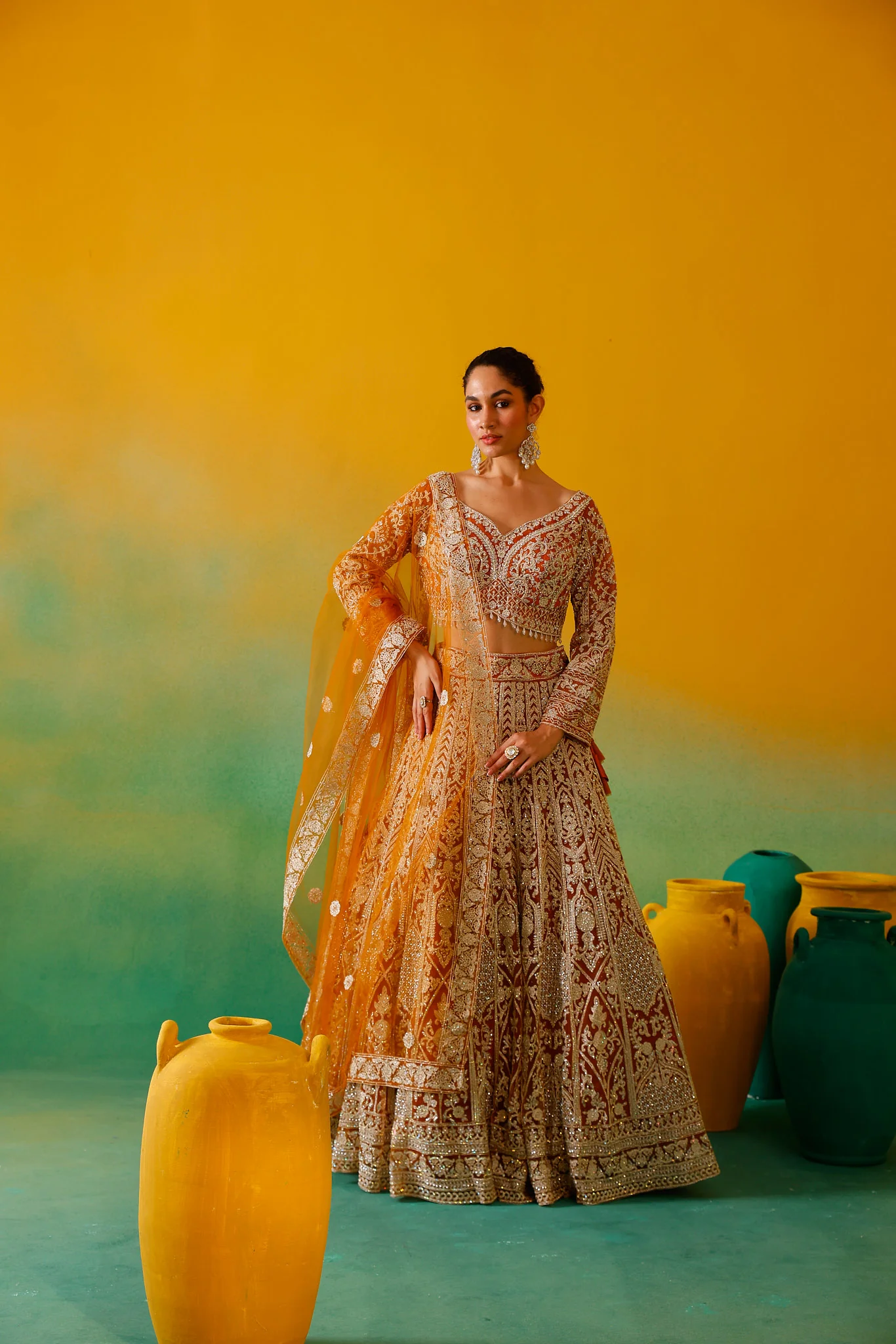 Neerus Mustard Embroidery work Nett Fabric Ghagra Set - Image 5