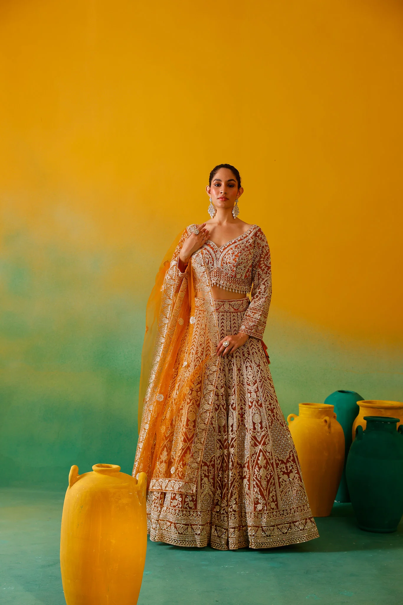 Neerus Mustard Embroidery work Nett Fabric Ghagra Set - Image 6