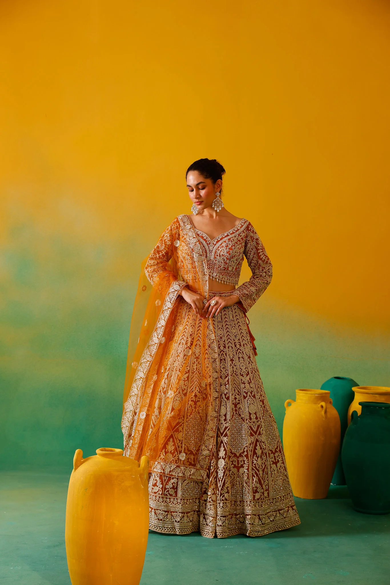 Neerus Mustard Embroidery work Nett Fabric Ghagra Set - Image 7