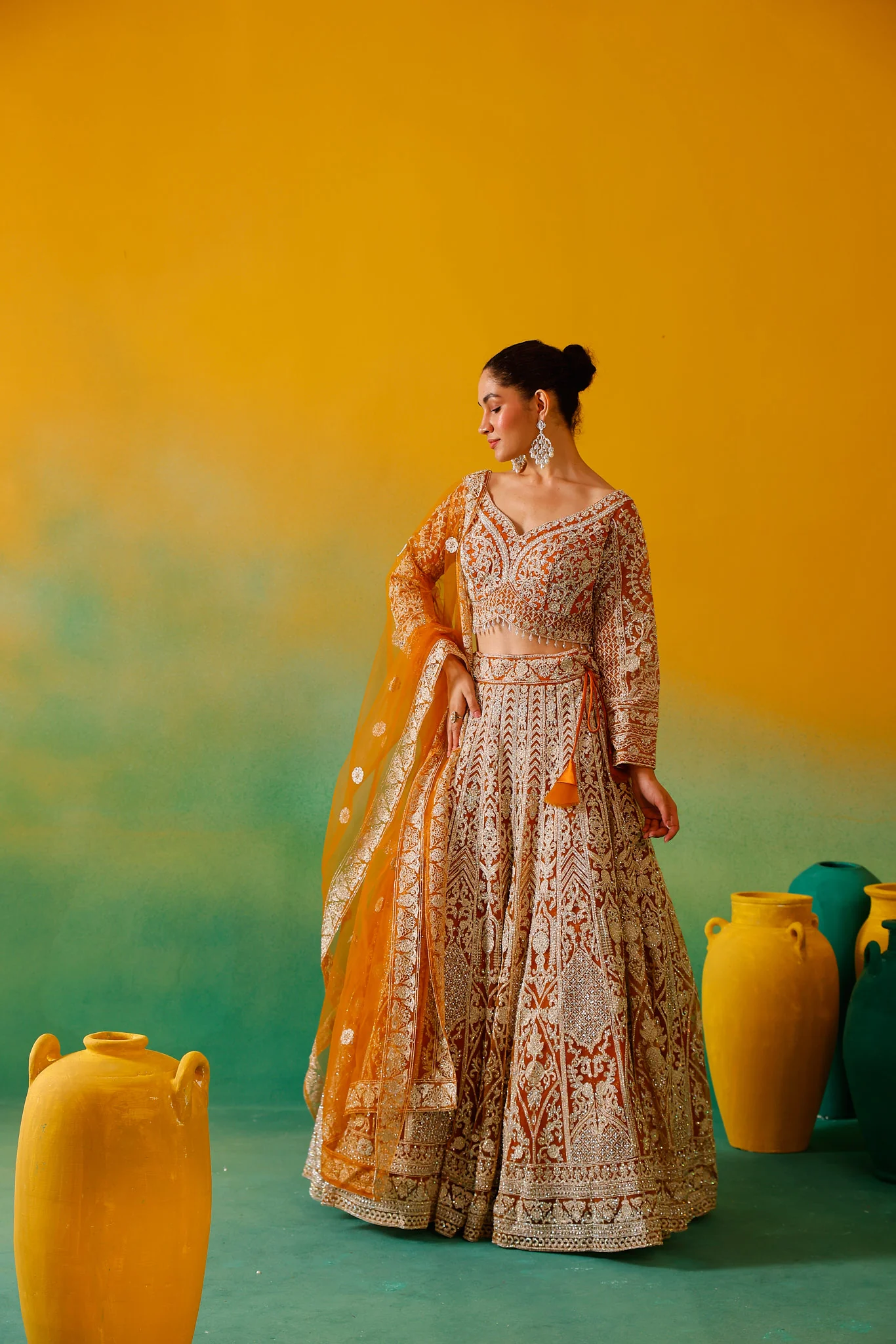 Neerus Mustard Embroidery work Nett Fabric Ghagra Set - Image 8