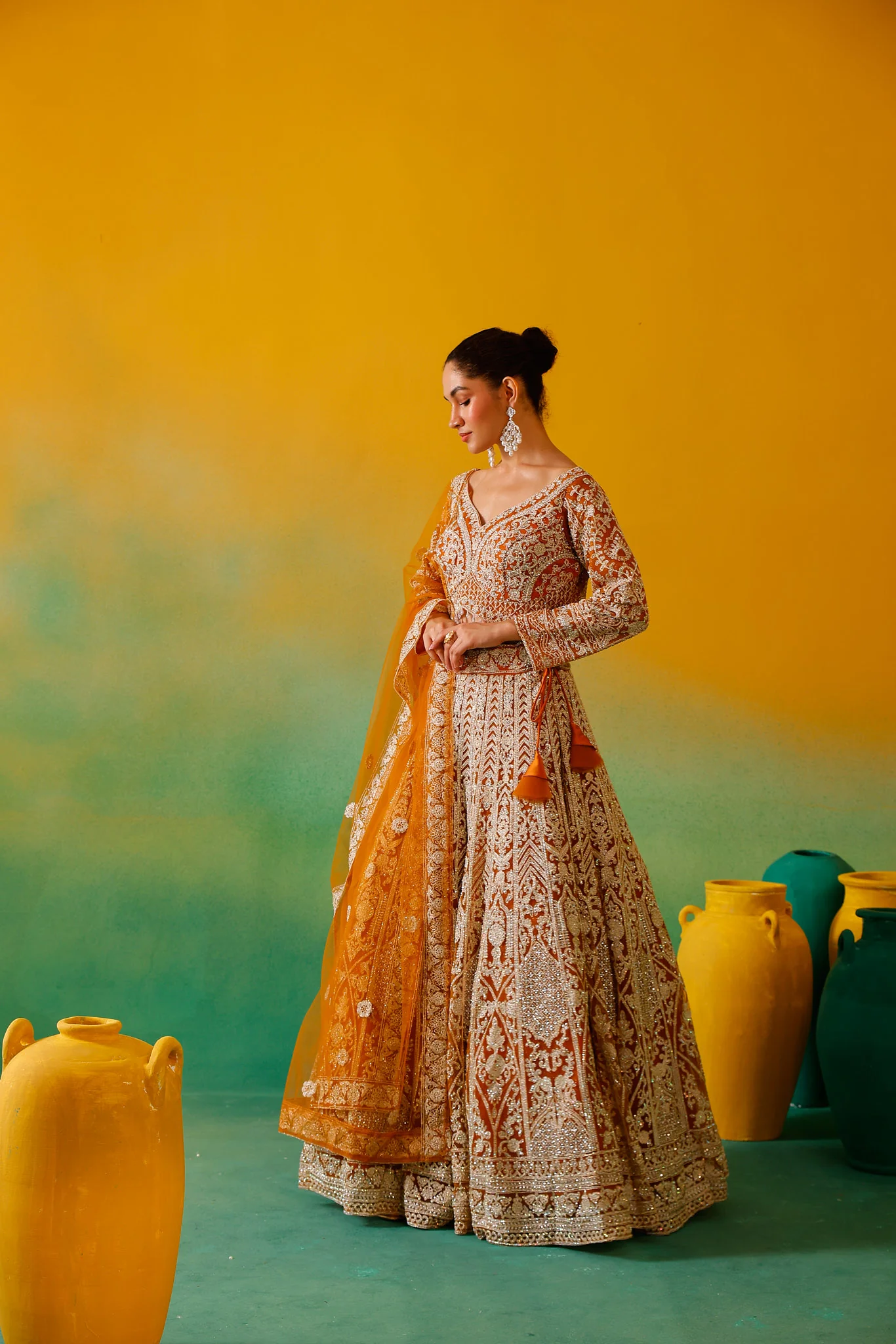 Neerus Mustard Embroidery work Nett Fabric Ghagra Set - Image 9