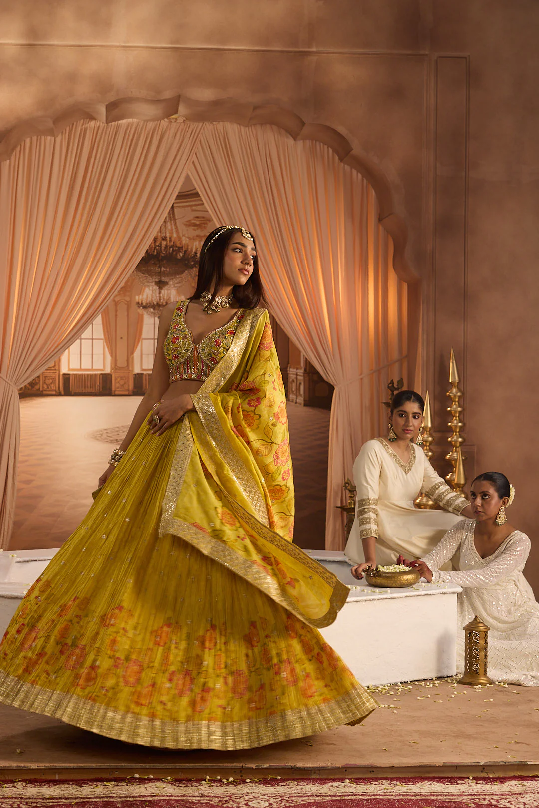 Neerus Mustard Embroidery Work Tissue Fabric Ghagra Set - Image 4