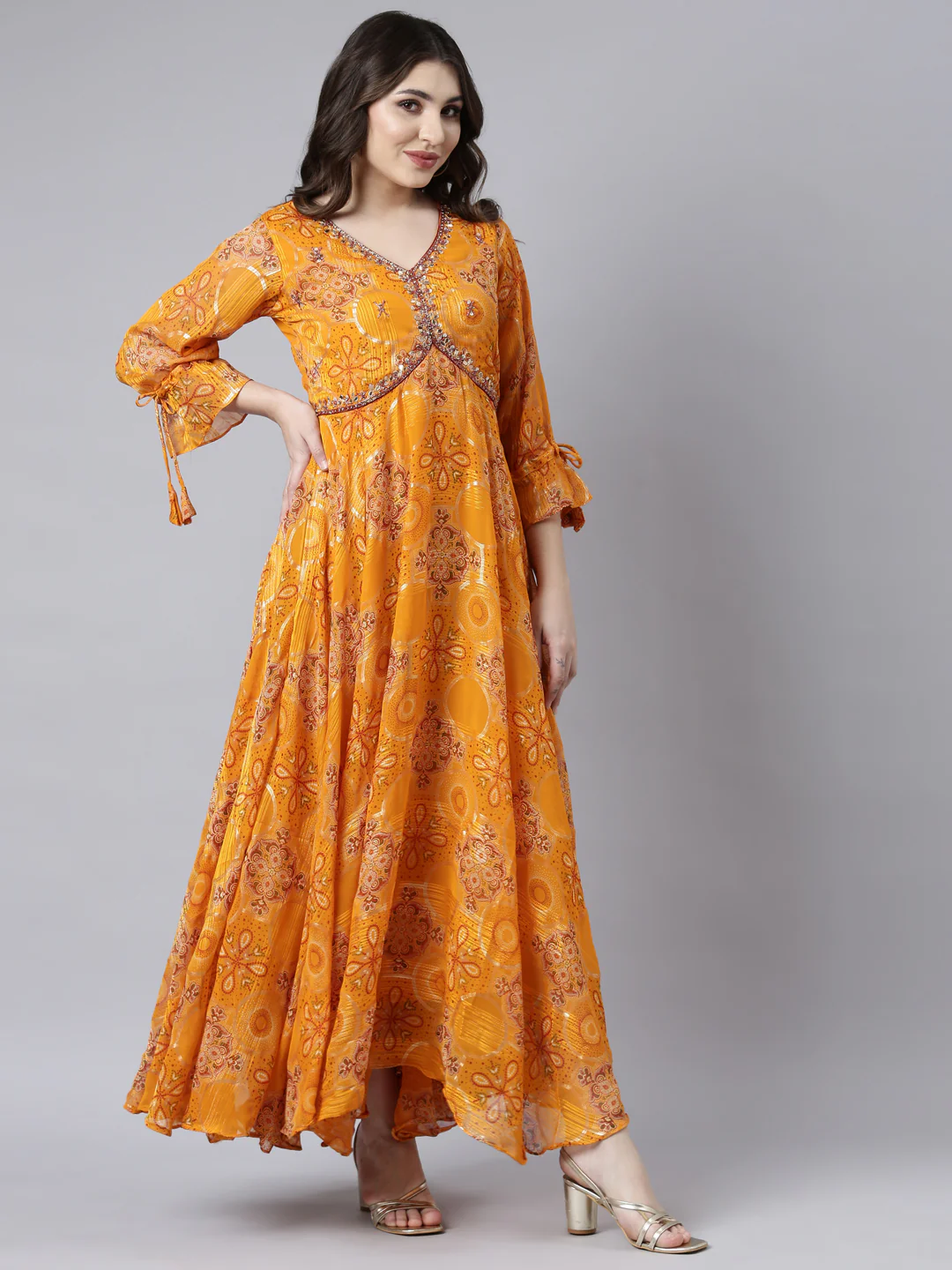 Neerus Mustard Flared Casual Floral Fit and Flare Dresses - Image 2