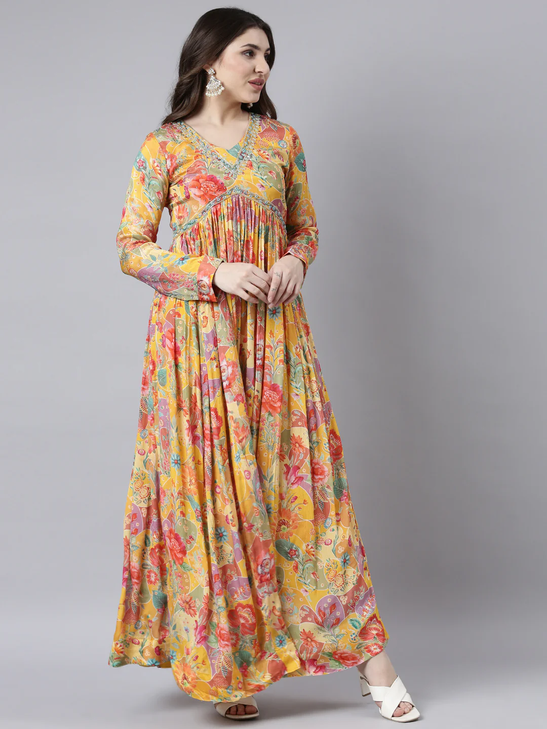 Neerus Mustard Flared Casual Floral Fit and Flare Dresses - Image 2