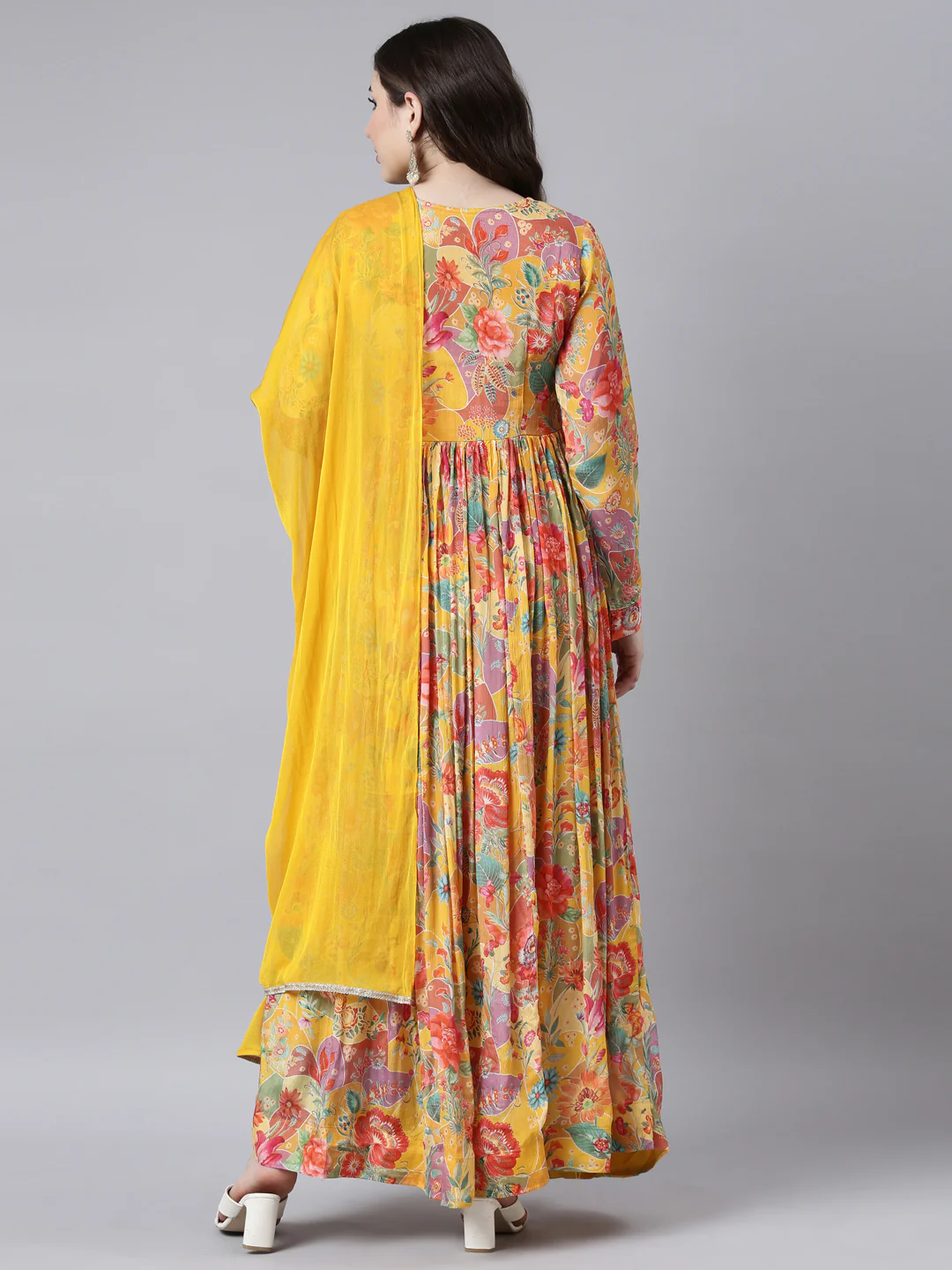 Neerus Mustard Flared Casual Floral Fit and Flare Dresses - Image 3
