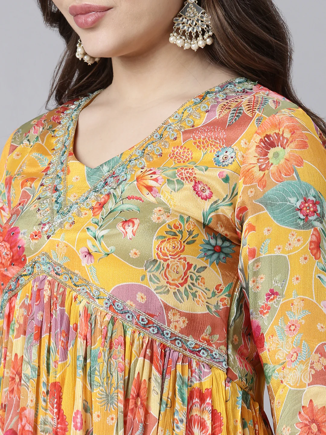 Neerus Mustard Flared Casual Floral Fit and Flare Dresses - Image 4