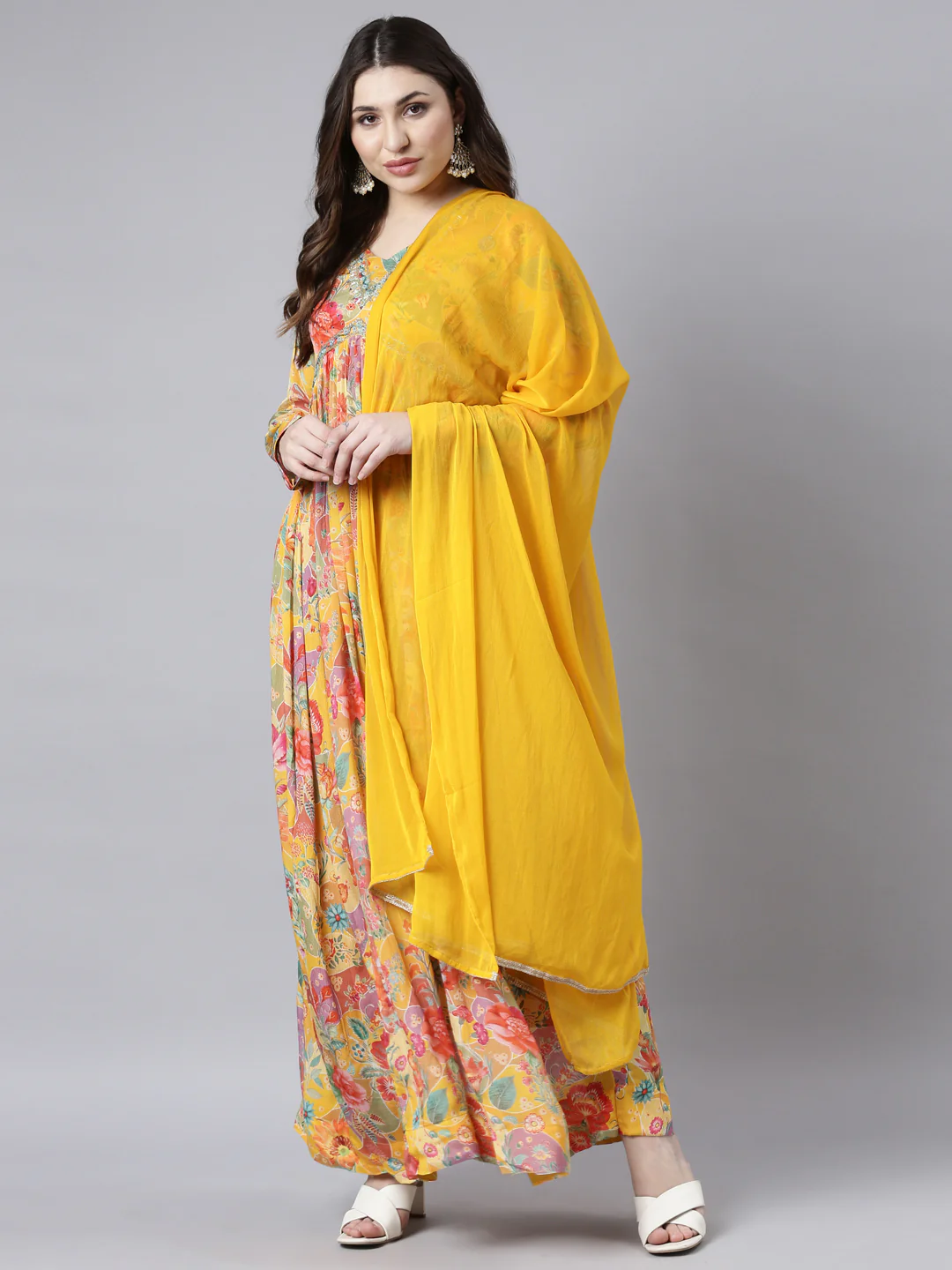Neerus Mustard Flared Casual Floral Fit and Flare Dresses - Image 5