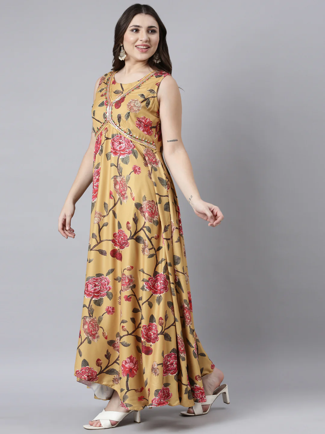 Neerus Mustard Flared Casual Floral Fit and Flare Dresses - Image 2