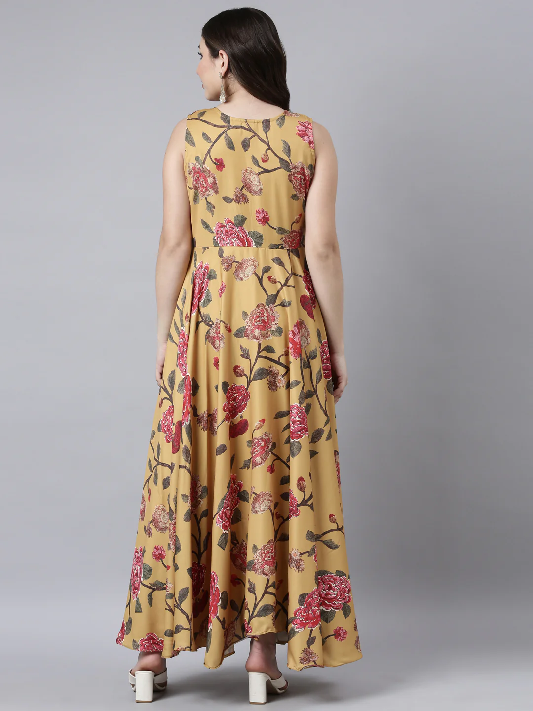 Neerus Mustard Flared Casual Floral Fit and Flare Dresses - Image 3